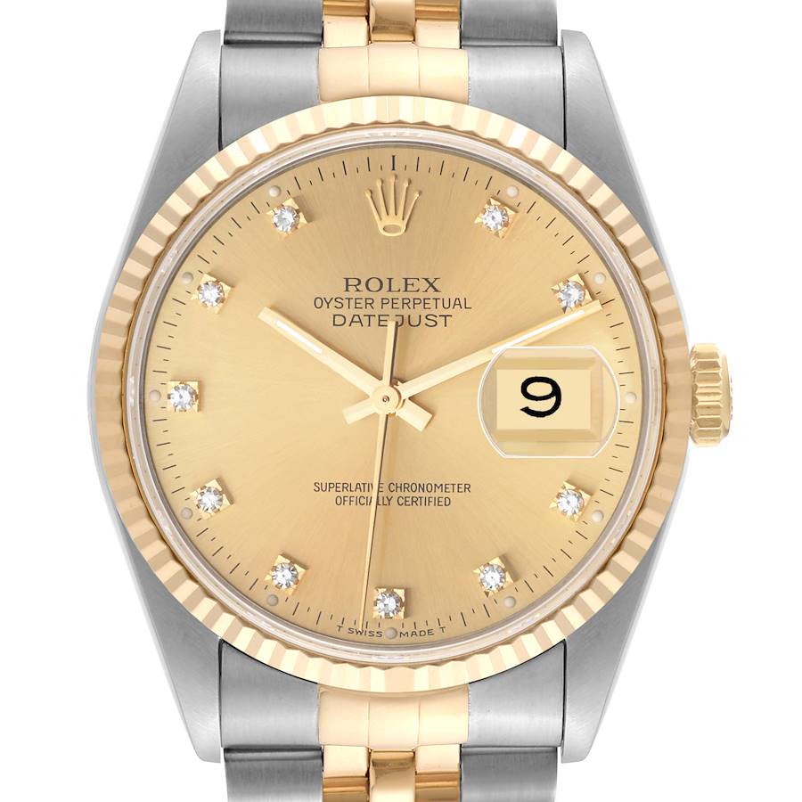 Rolex Datejust Steel Yellow Gold Diamond Dial Mens Watch 16233 Box Papers SwissWatchExpo