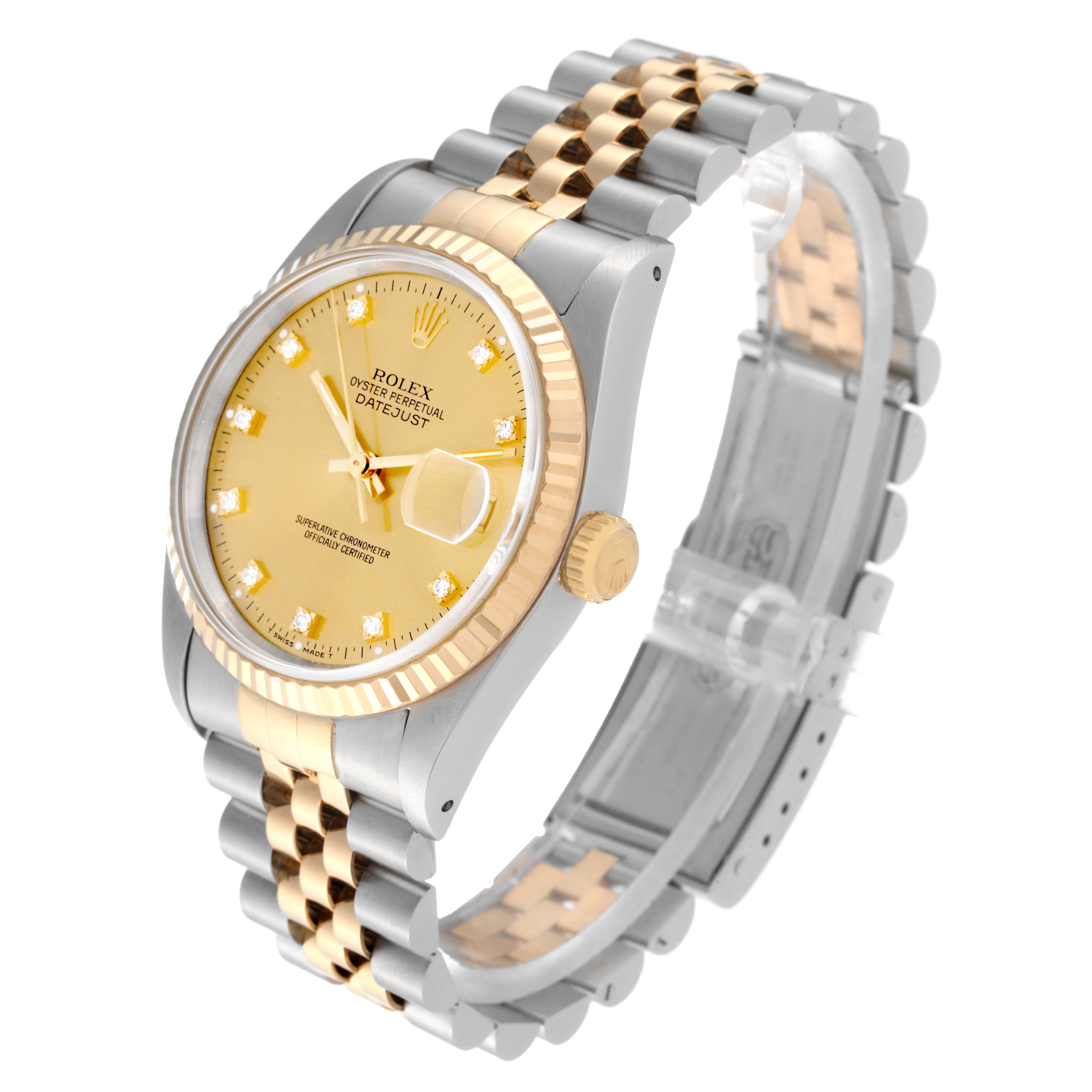 The Rolex Datejust 16233 Men's Steel and Gold (two tone) Champagne Dial 16233 Men's Steel and Gold (two tone) Champagne Dial watch is shown at a slight angle, highlighting the face, bezel, crown, and bracelet.