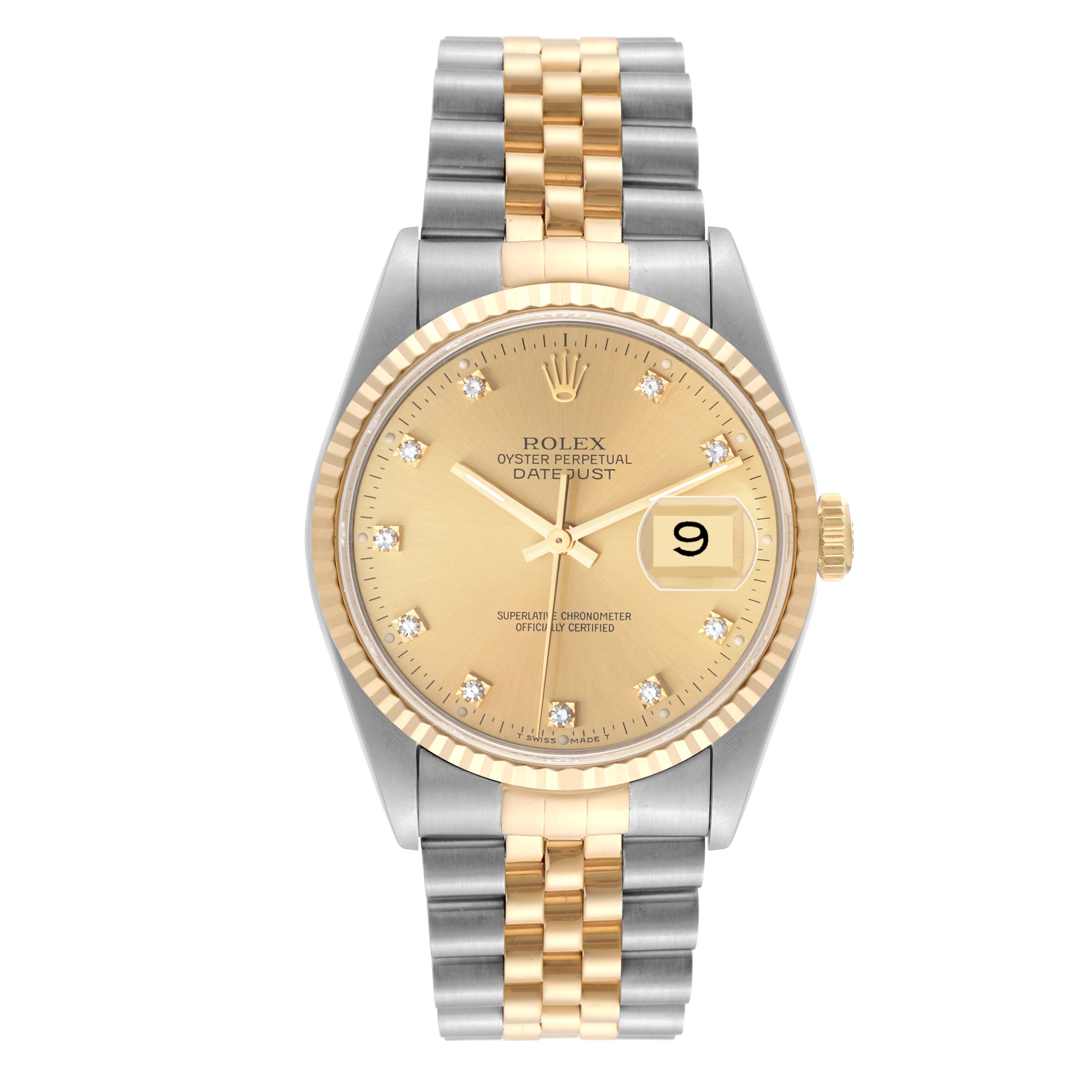 The image shows a front view of a Rolex Datejust 16233 Men's Steel and Gold (two tone) Champagne Dial 16233 Men's Steel and Gold (two tone) Champagne Dial watch with a gold dial, diamond markers, and two-tone gold and silver bracelet.