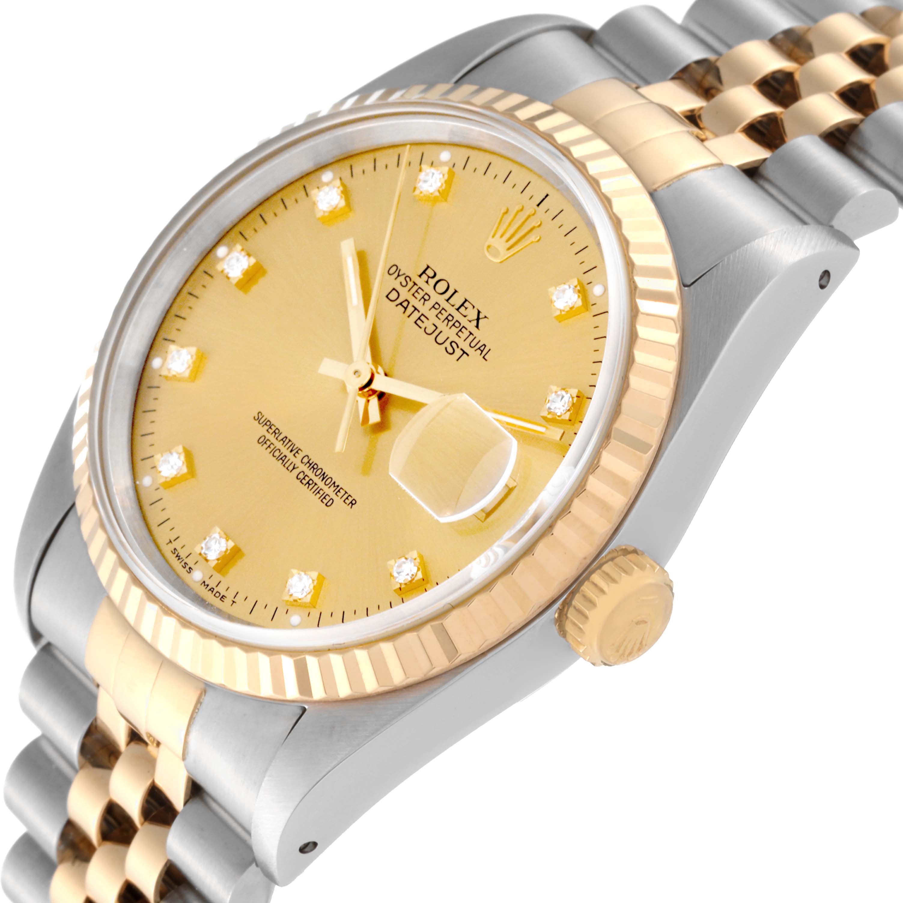 The image shows a close-up angle of the Rolex Datejust 16233 Men's Steel and Gold (two tone) Champagne Dial 16233 Men's Steel and Gold (two tone) Champagne Dial watch, highlighting the gold dial, fluted bezel, crown, and jubilee bracelet.