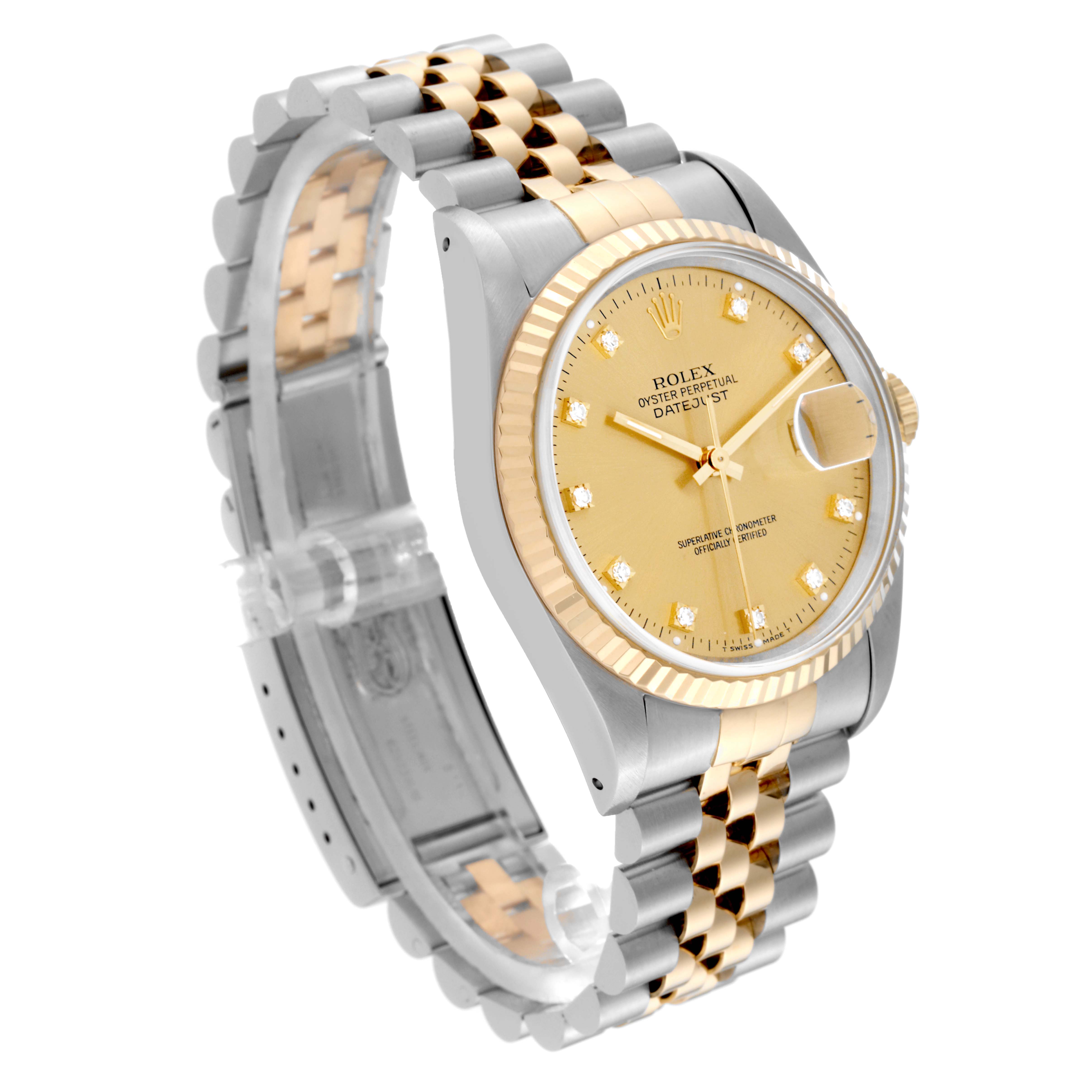 The Rolex Datejust 16233 Men's Steel and Gold (two tone) Champagne Dial 16233 Men's Steel and Gold (two tone) Champagne Dial watch is shown at a three-quarter angle, displaying the face, bezel, crown, and bracelet.