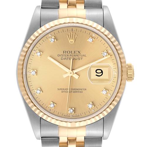 This image shows a front view of the Rolex Datejust, highlighting its dial, hands, date window, and two-tone bracelet.