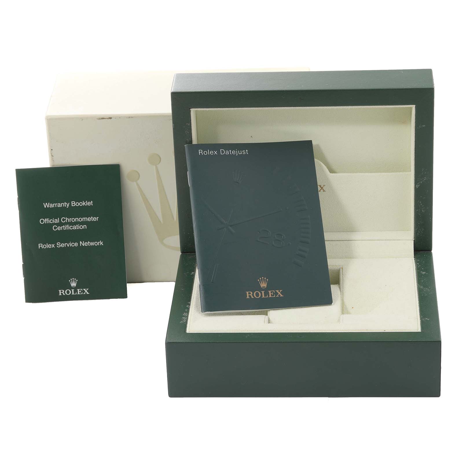 The image shows the packaging, warranty booklet, and manuals for a Rolex Datejust 116233 Men's Steel and Gold (two tone) White Dial 116233 Men's Steel and Gold (two tone) White Dial watch.