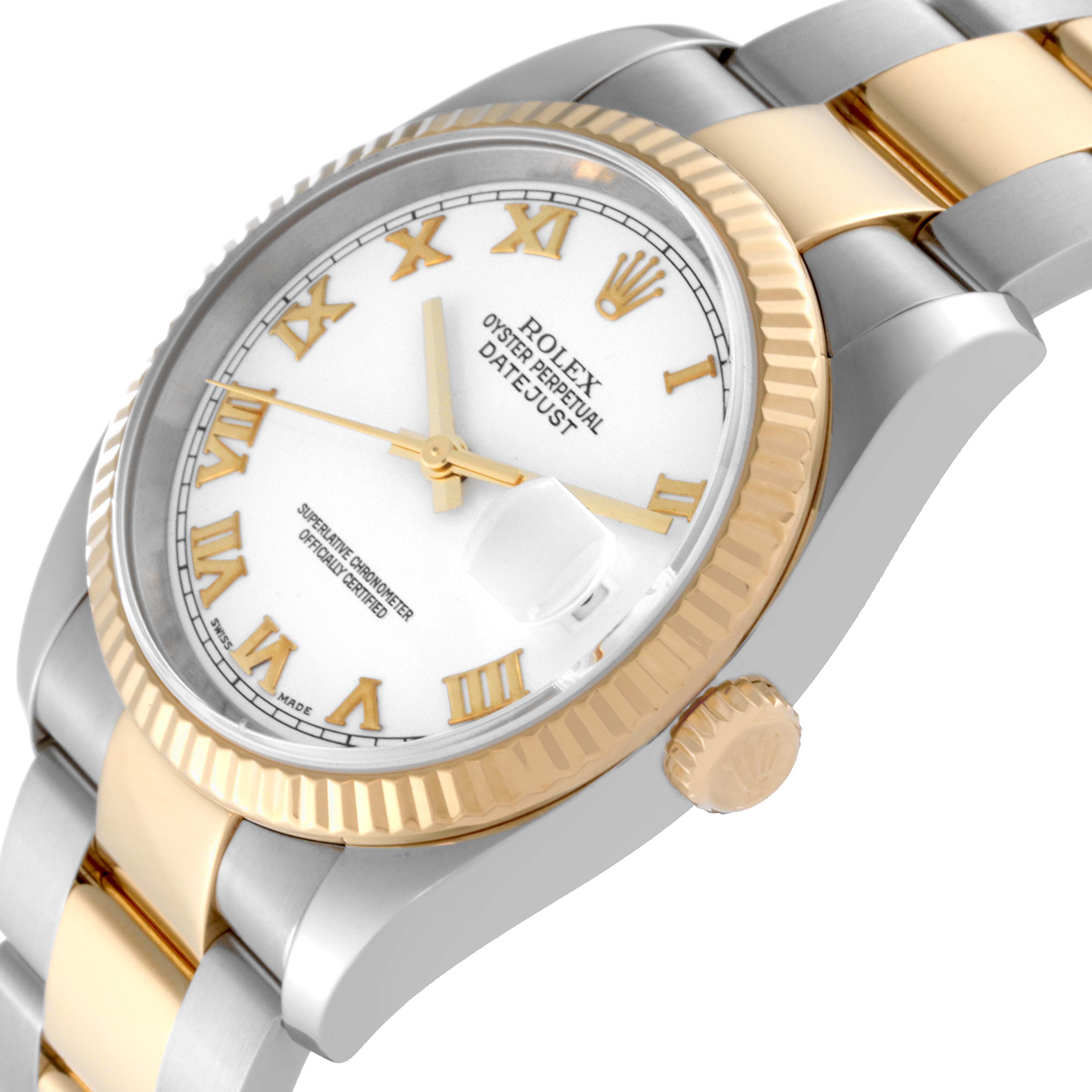 The Rolex Datejust 116233 Men's Steel and Gold (two tone) White Dial 116233 Men's Steel and Gold (two tone) White Dial watch is shown from an angled side view, featuring the dial, fluted bezel, crown, and part of the bracelet.