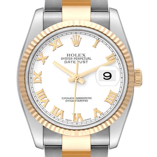 This image shows a front view of a Rolex Datejust watch, highlighting the dial, fluted bezel, and part of the bracelet.