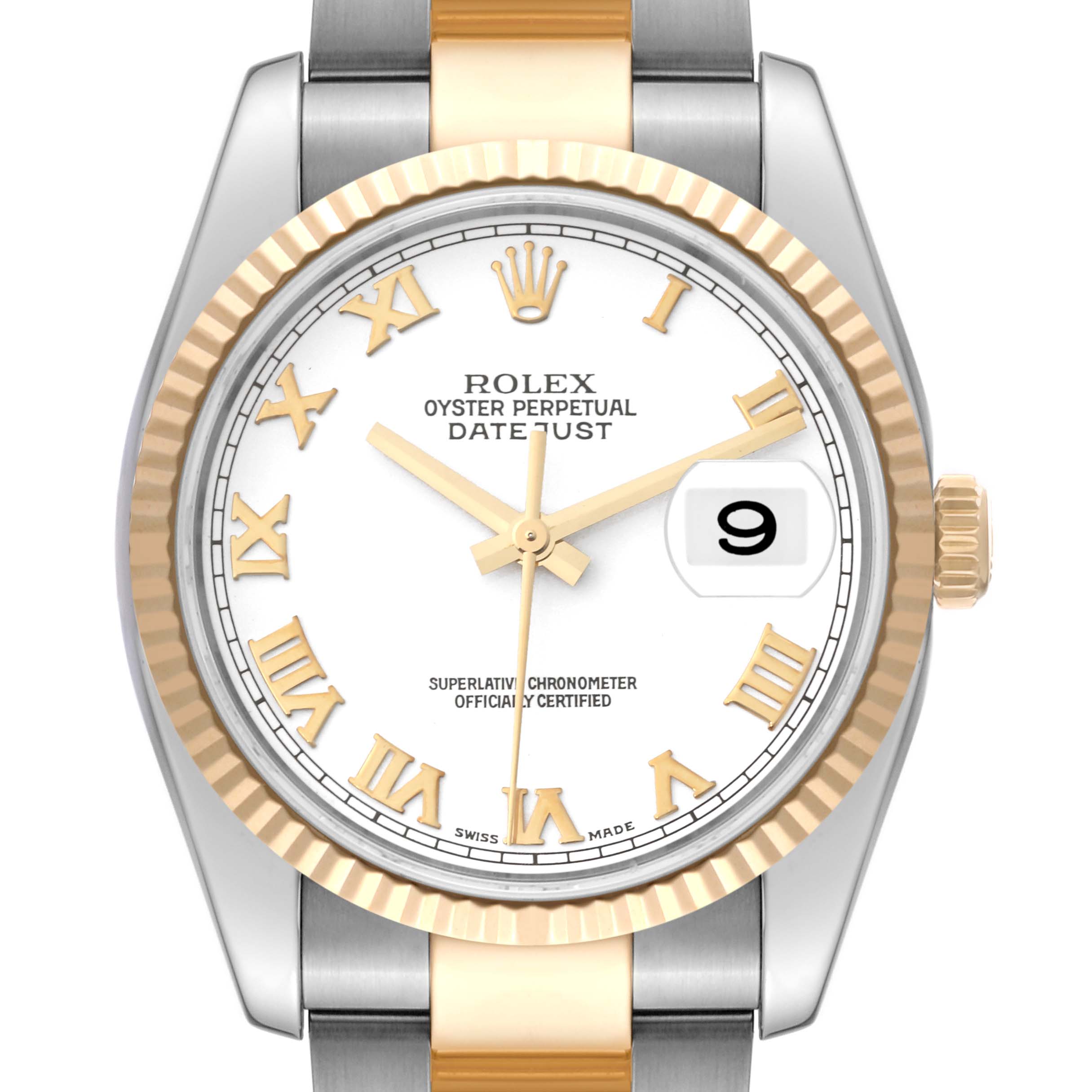 This image shows a front view of a Rolex Datejust 116233 Men's Steel and Gold (two tone) White Dial 116233 Men's Steel and Gold (two tone) White Dial watch, highlighting the dial, bezel, crown, and part of the bracelet.