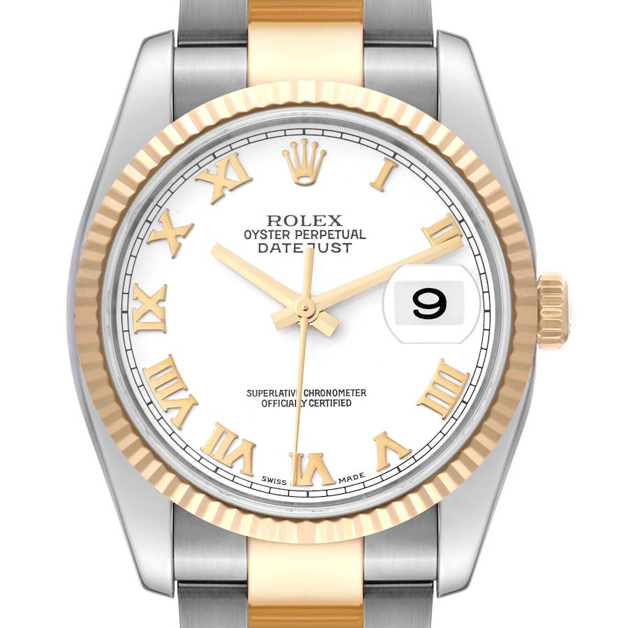 This image shows a front view of a Rolex Datejust watch, highlighting the dial, bezel, crown, and part of the bracelet.