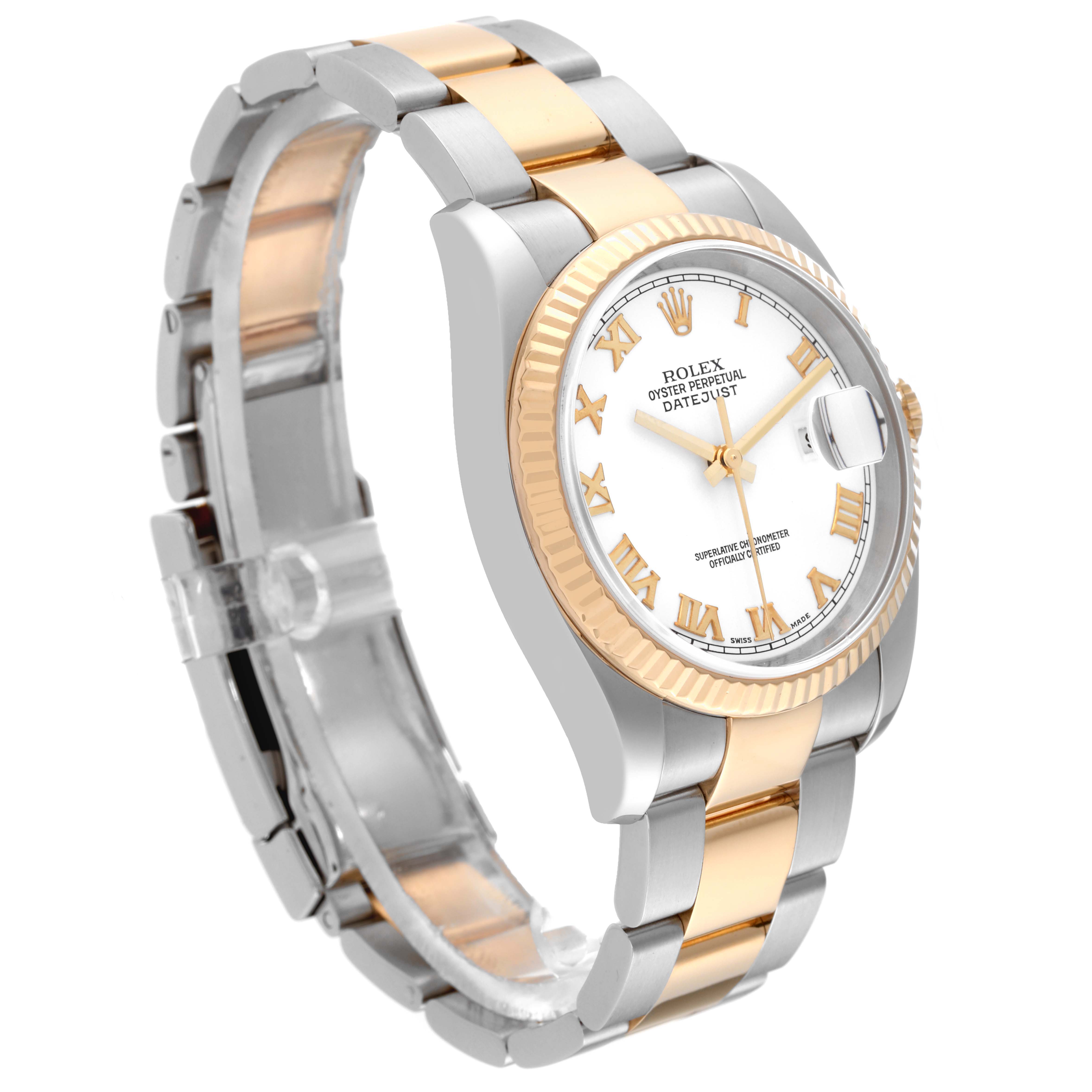 The Rolex Datejust 116233 Men's Steel and Gold (two tone) White Dial 116233 Men's Steel and Gold (two tone) White Dial watch is shown from a front-left perspective, highlighting the face, bezel, and two-tone strap.