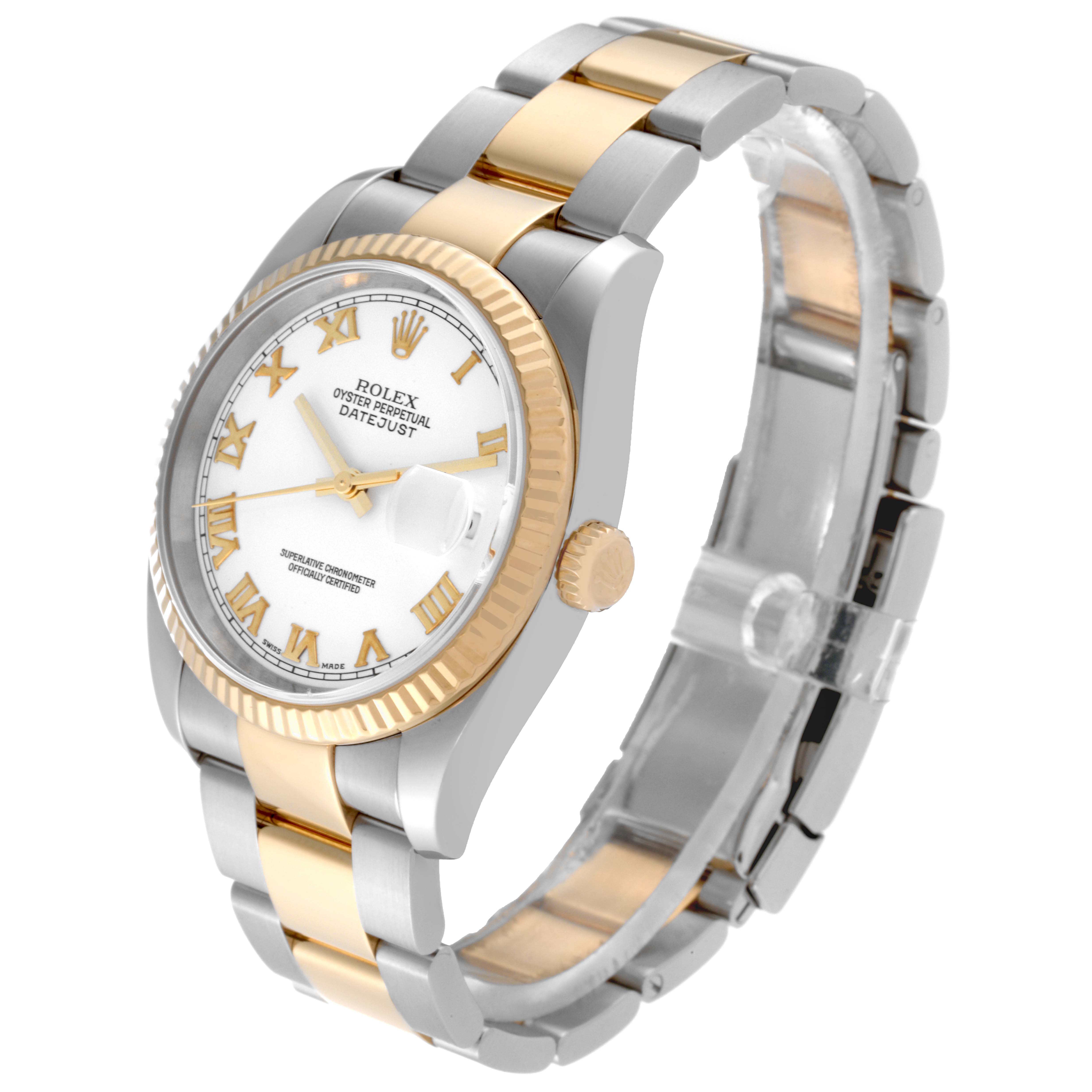 The Rolex Datejust 116233 Men's Steel and Gold (two tone) White Dial 116233 Men's Steel and Gold (two tone) White Dial watch is shown from an angle that highlights the face, bezel, crown, and two-tone bracelet.