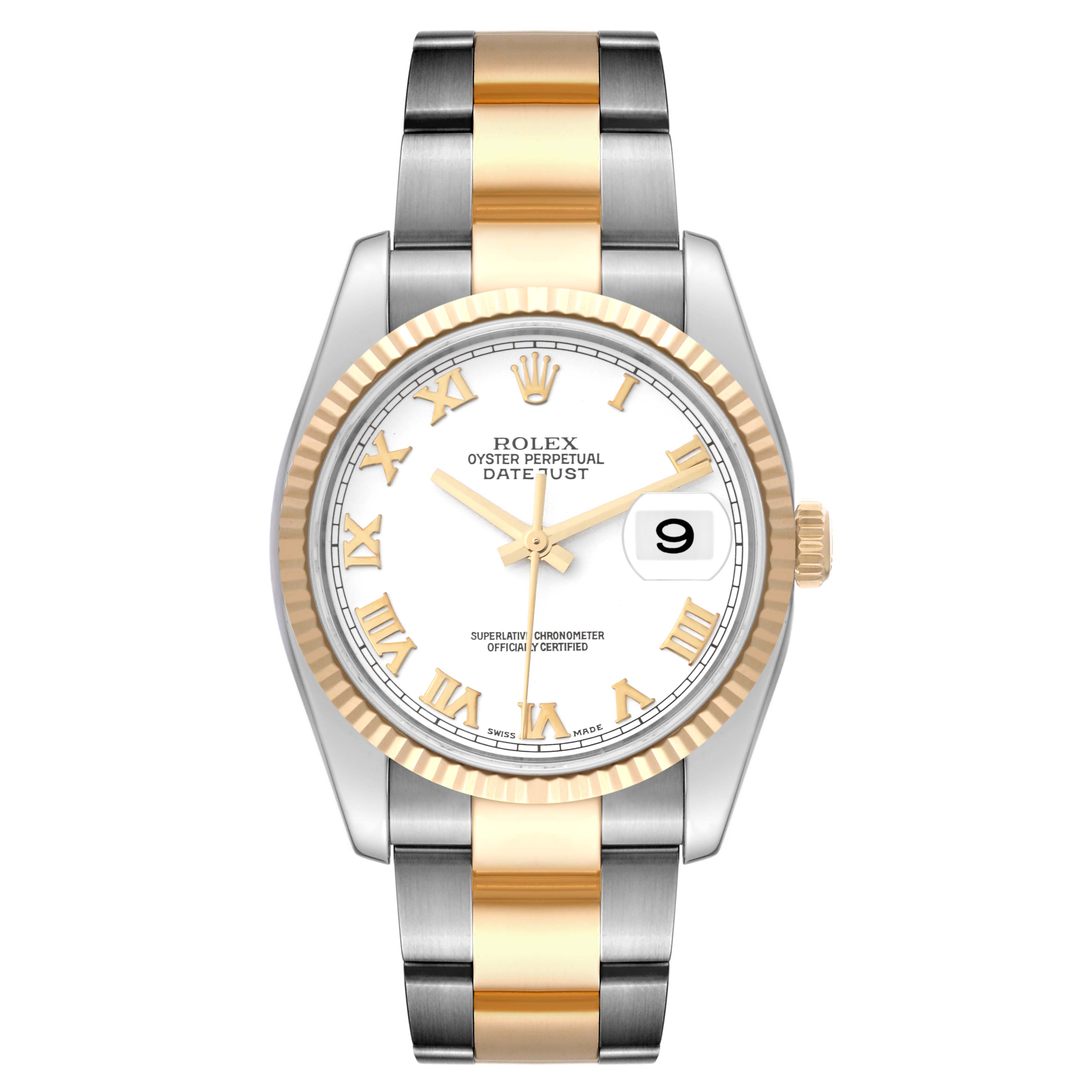 This image shows a frontal view of a Rolex Datejust 116233 Men's Steel and Gold (two tone) White Dial 116233 Men's Steel and Gold (two tone) White Dial watch, highlighting its two-tone bracelet, fluted bezel, and white dial.
