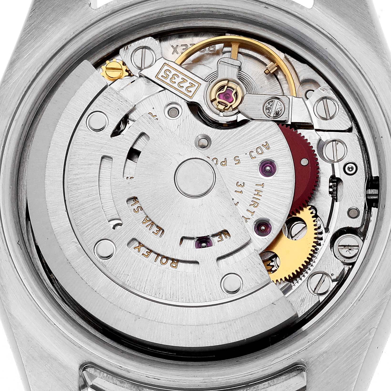 The image shows the movement and internal mechanism of a Rolex Datejust 179173 Women's Steel and Gold (two tone) White Dial 179173 Women's Steel and Gold (two tone) White Dial watch from a top-down view.