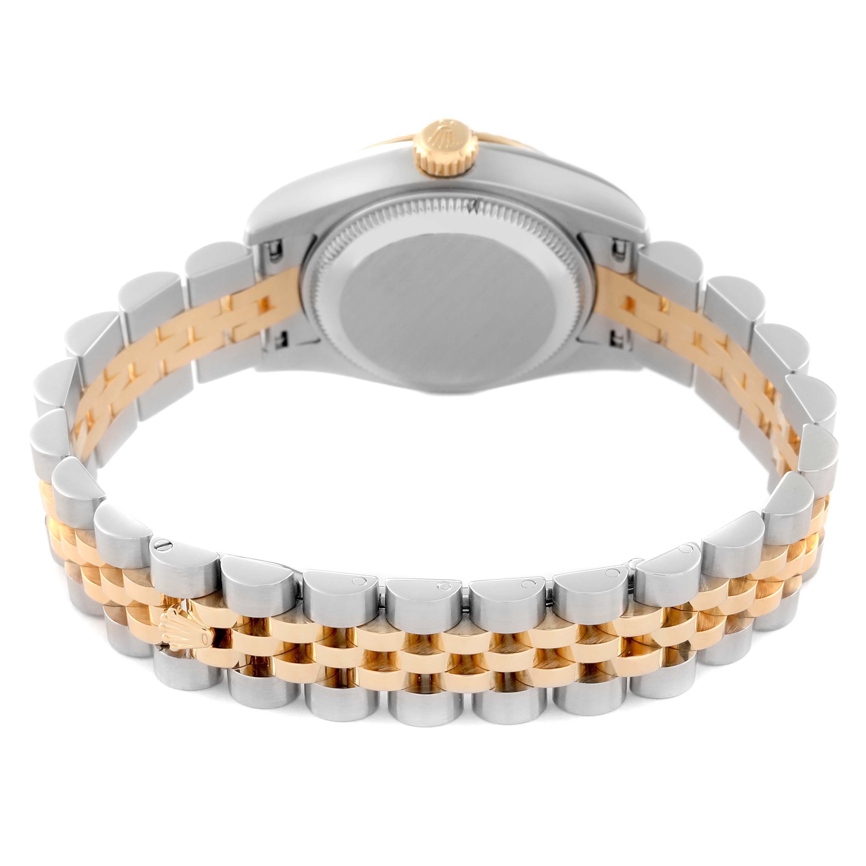 This image shows the back view of a Rolex Datejust 179173 Women's Steel and Gold (two tone) White Dial 179173 Women's Steel and Gold (two tone) White Dial watch, focusing on the case back and two-tone bracelet.