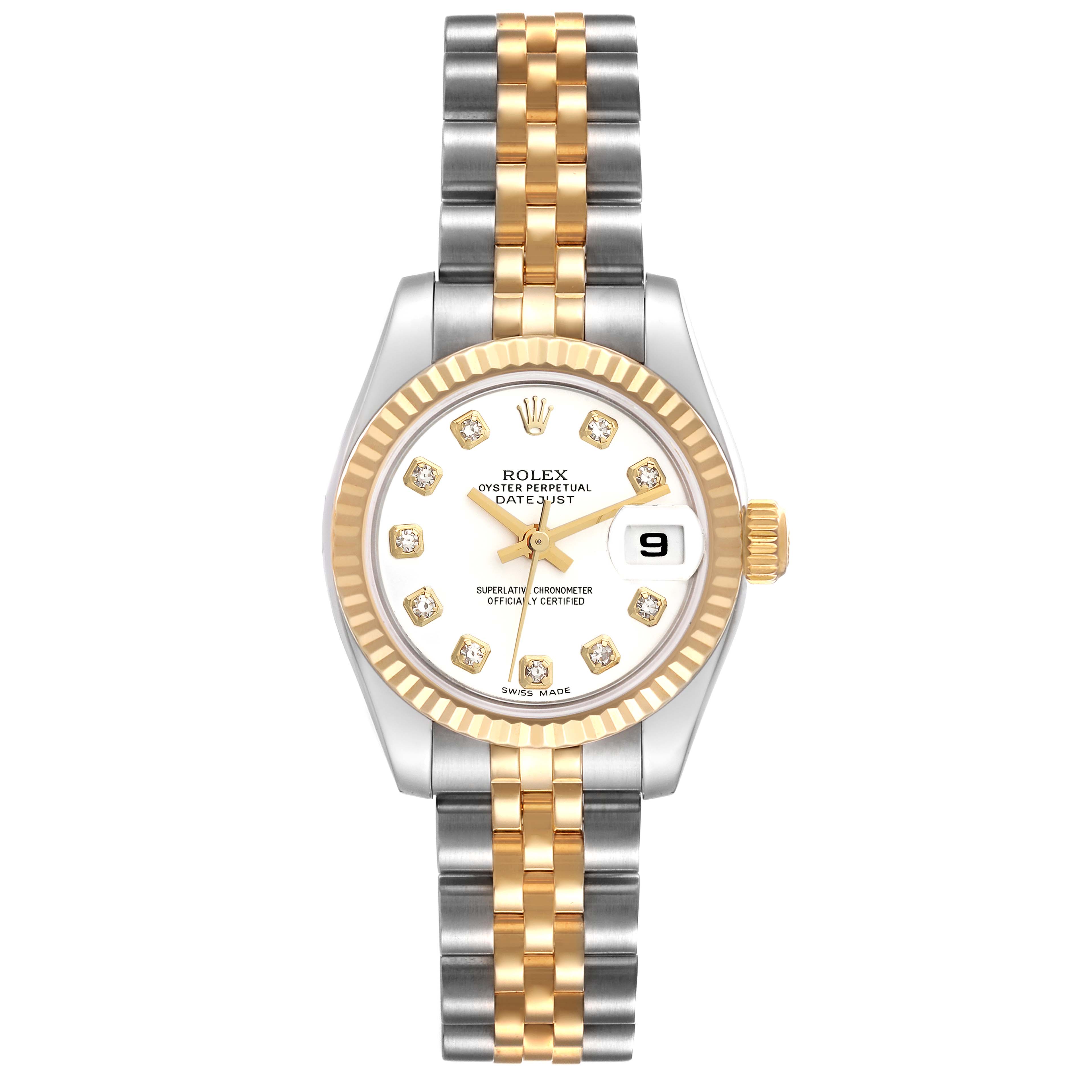 This Rolex Datejust 179173 Women's Steel and Gold (two tone) White Dial 179173 Women's Steel and Gold (two tone) White Dial watch is shown from a top-down angle, highlighting its two-tone bracelet, fluted bezel, and date display.