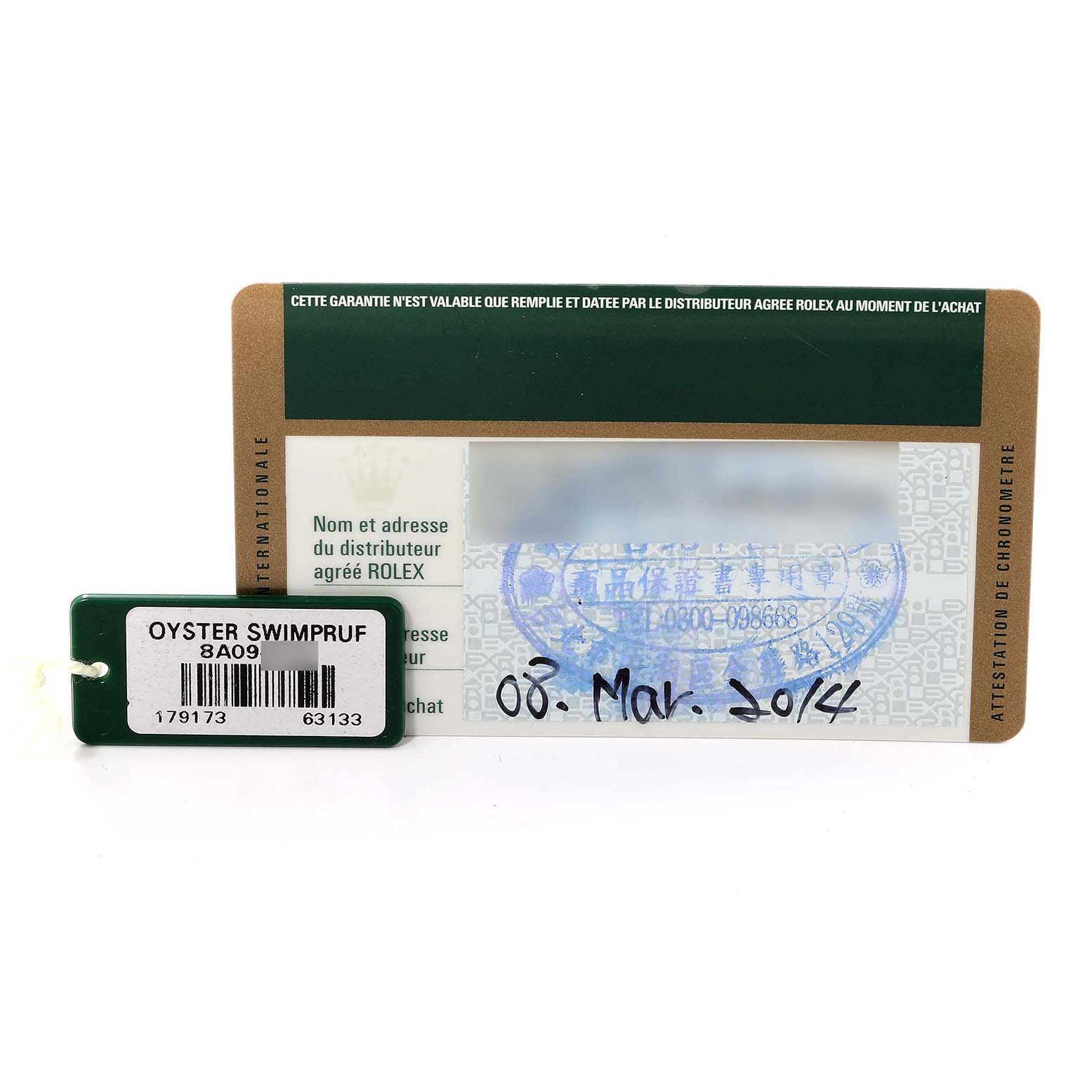 The image shows the warranty card and tag of a Rolex Datejust 179173 Women's Steel and Gold (two tone) White Dial 179173 Women's Steel and Gold (two tone) White Dial watch, including a visible date and details.