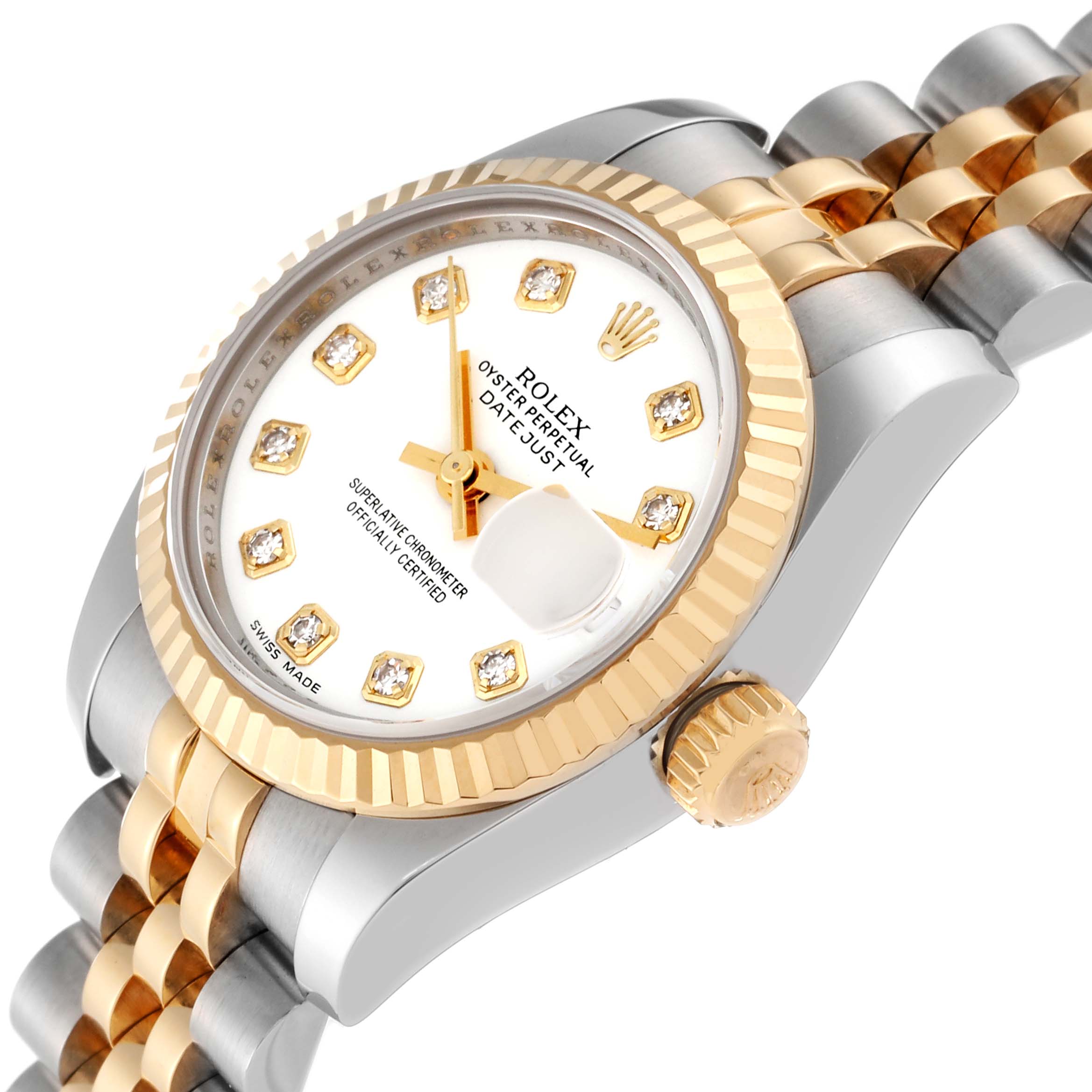 The image shows a Rolex Datejust 179173 Women's Steel and Gold (two tone) White Dial 179173 Women's Steel and Gold (two tone) White Dial watch at an angled view, clearly displaying the bezel, crown, dial, and part of the bracelet.