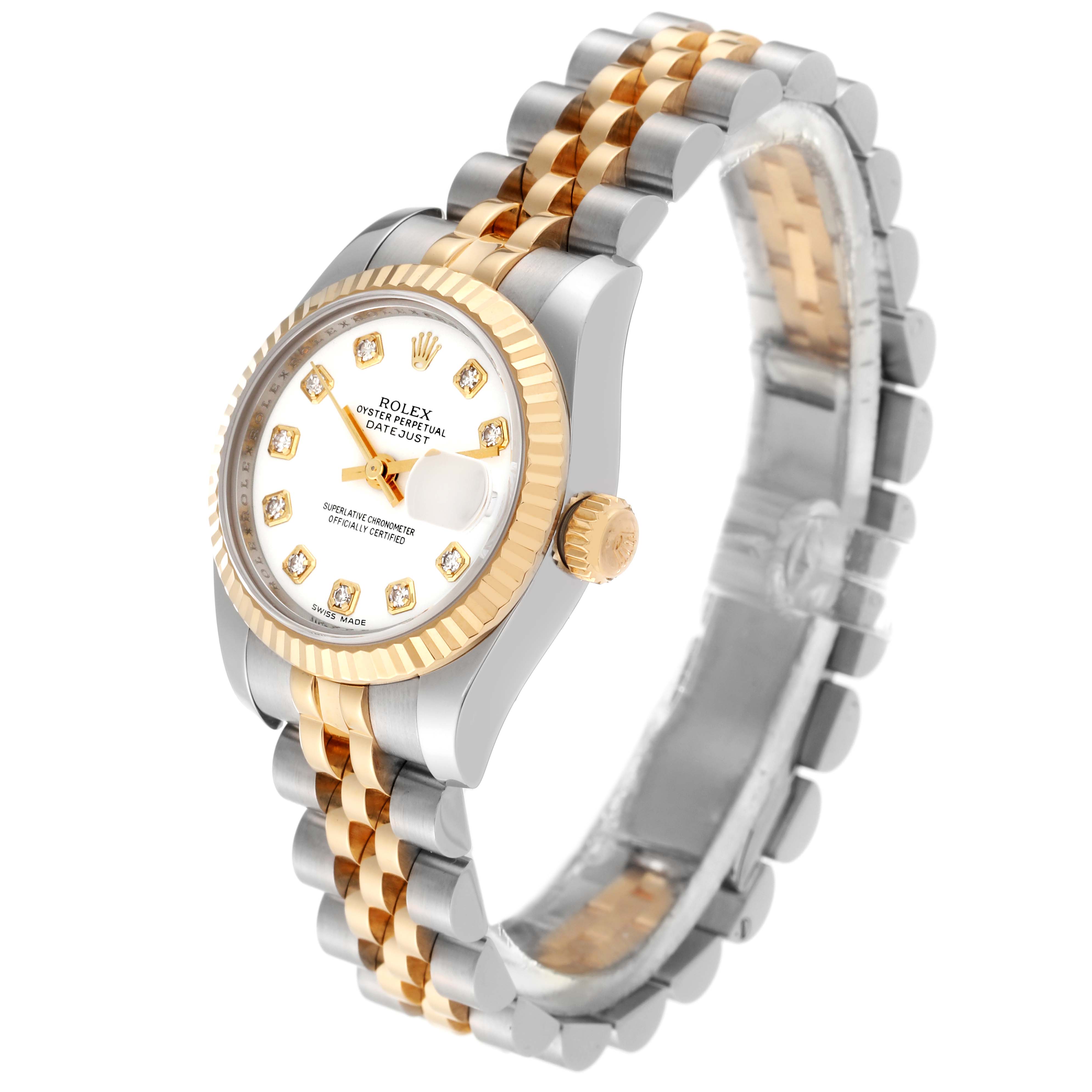 The image displays a Rolex Datejust 179173 Women's Steel and Gold (two tone) White Dial 179173 Women's Steel and Gold (two tone) White Dial watch from a front-side angle, showcasing its dial, bezel, crown, and two-tone Jubilee bracelet.