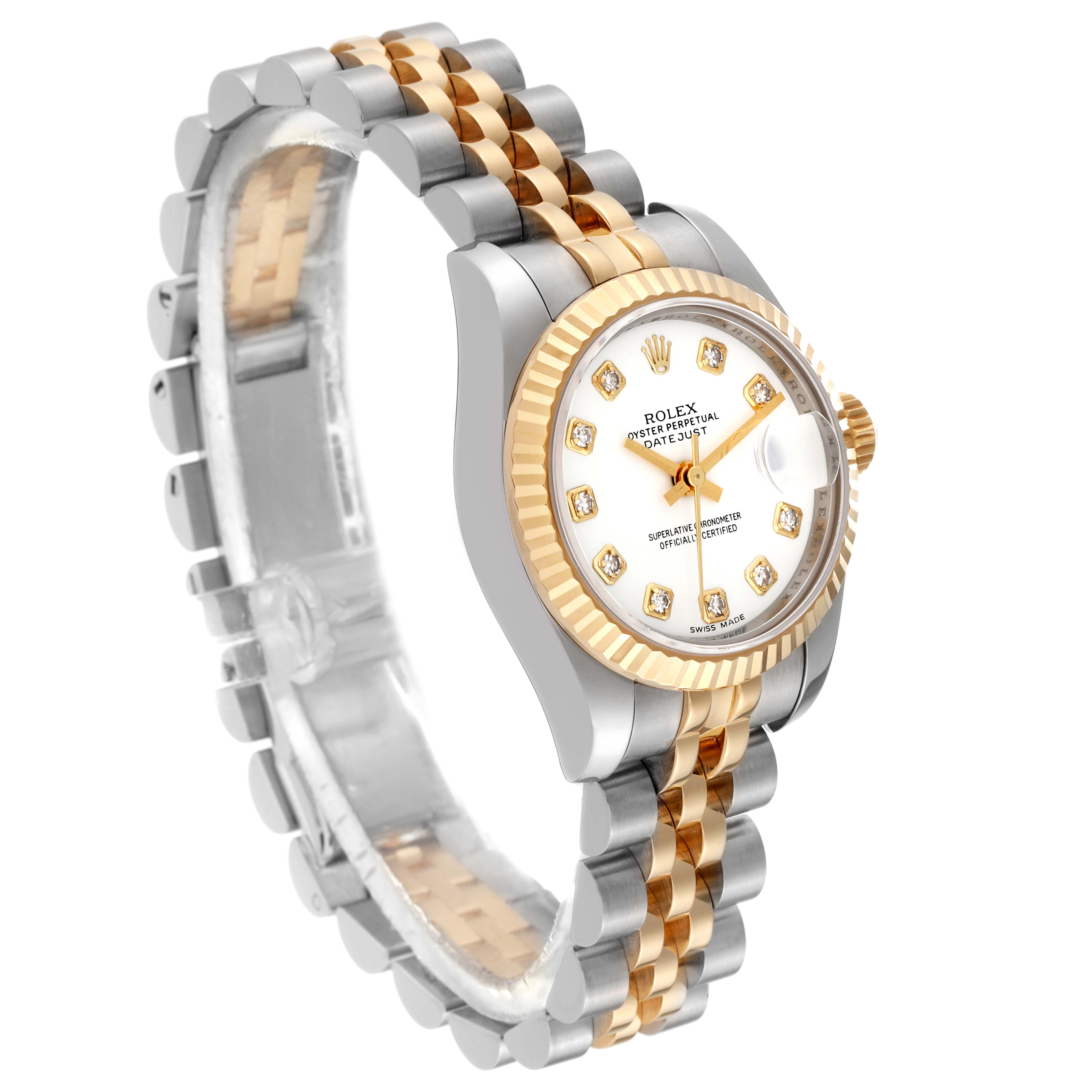 The image shows a Rolex Datejust 179173 Women's Steel and Gold (two tone) White Dial 179173 Women's Steel and Gold (two tone) White Dial watch at a three-quarter angle, highlighting its two-tone jubilee bracelet and fluted bezel.