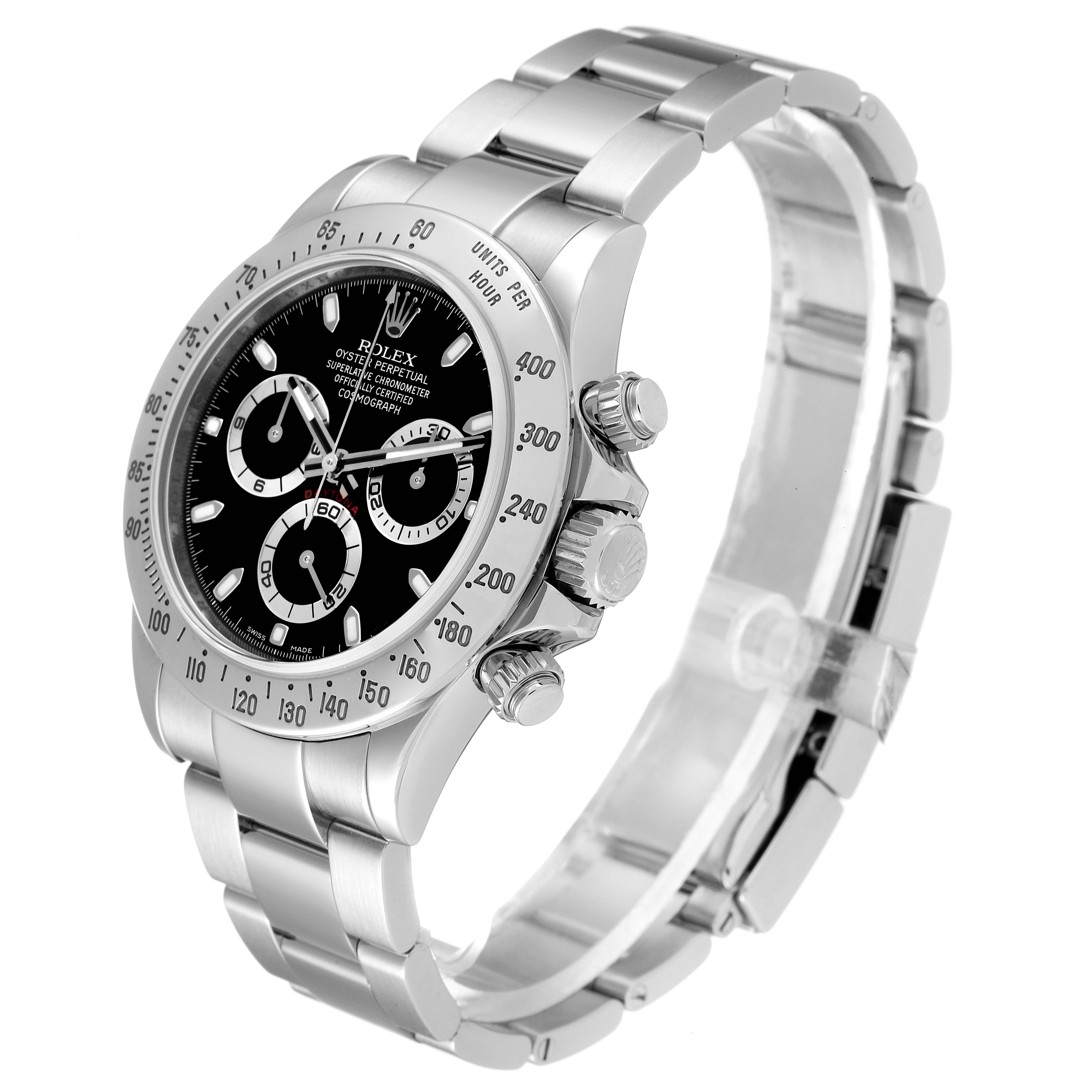 The image shows a Rolex Daytona 116520 Men's Stainless Steel Black Dial 116520 Men's Stainless Steel Black Dial watch at a three-quarter angle, highlighting the dial, bezel, pushers, and bracelet.