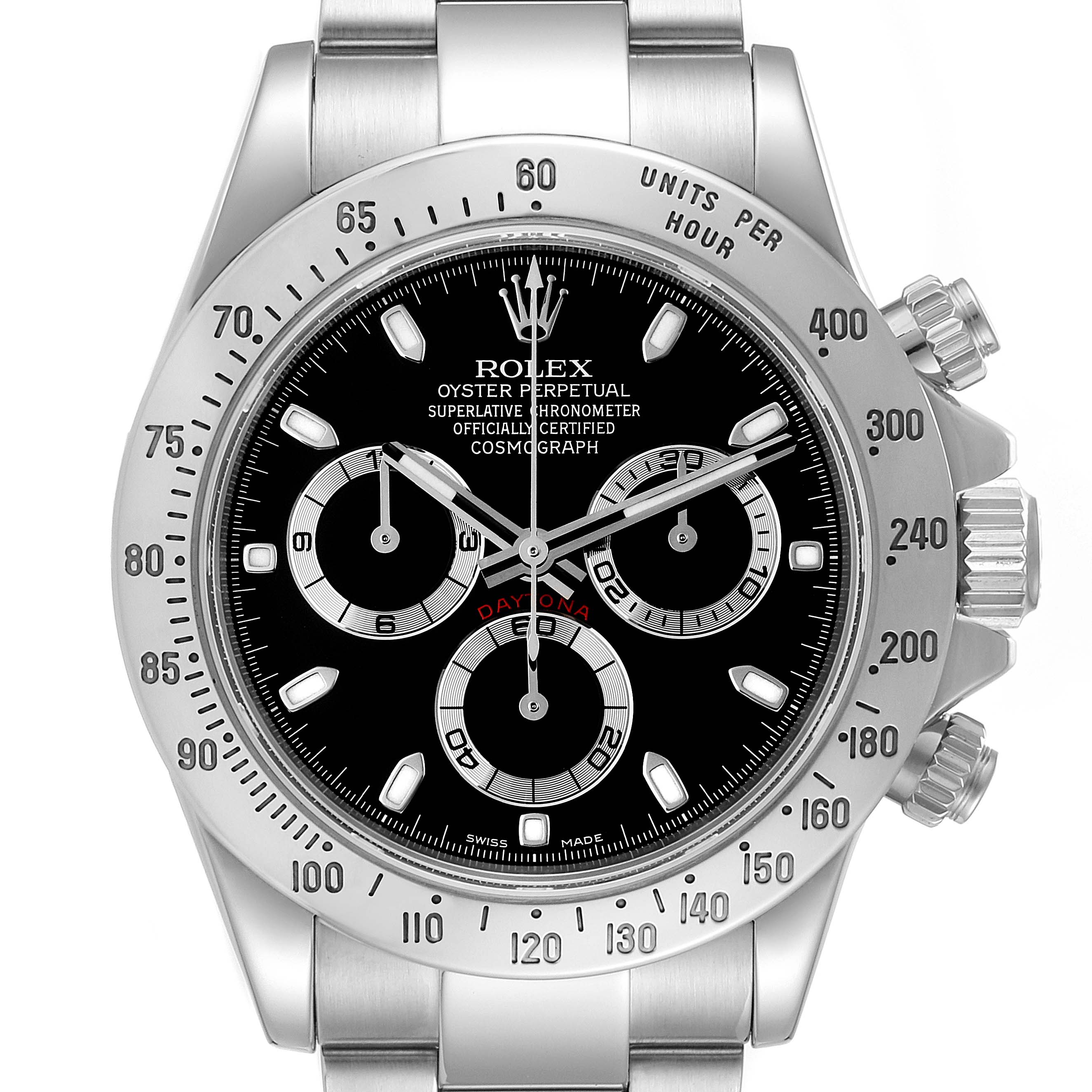 This image shows the front view of a Rolex Daytona 116520 Men's Stainless Steel Black Dial 116520 Men's Stainless Steel Black Dial watch, including the dial, bezel, and crown.