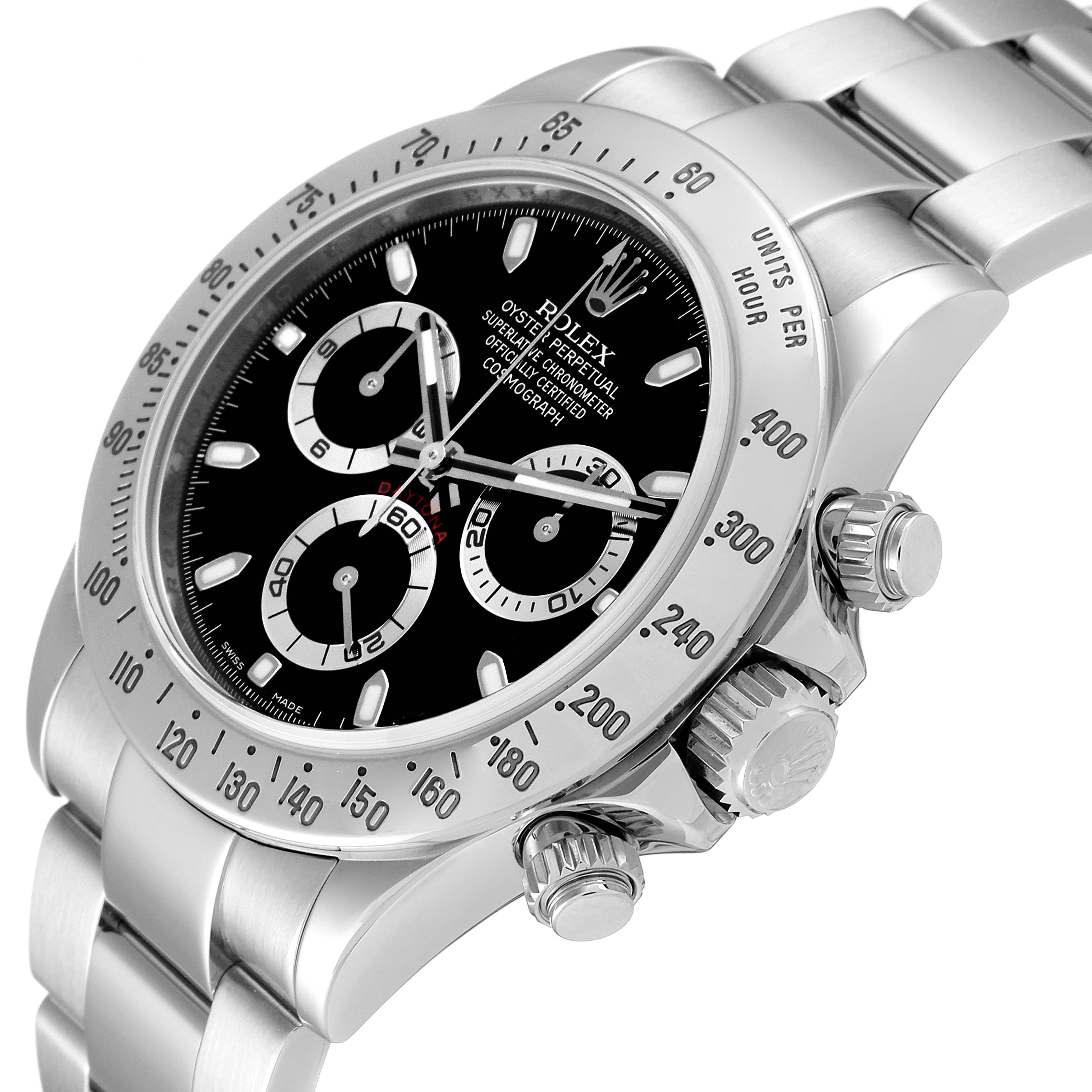The Rolex Daytona 116520 Men's Stainless Steel Black Dial 116520 Men's Stainless Steel Black Dial watch is shown from a front-side angle, displaying the face, bezel, chronograph buttons, and part of the bracelet.