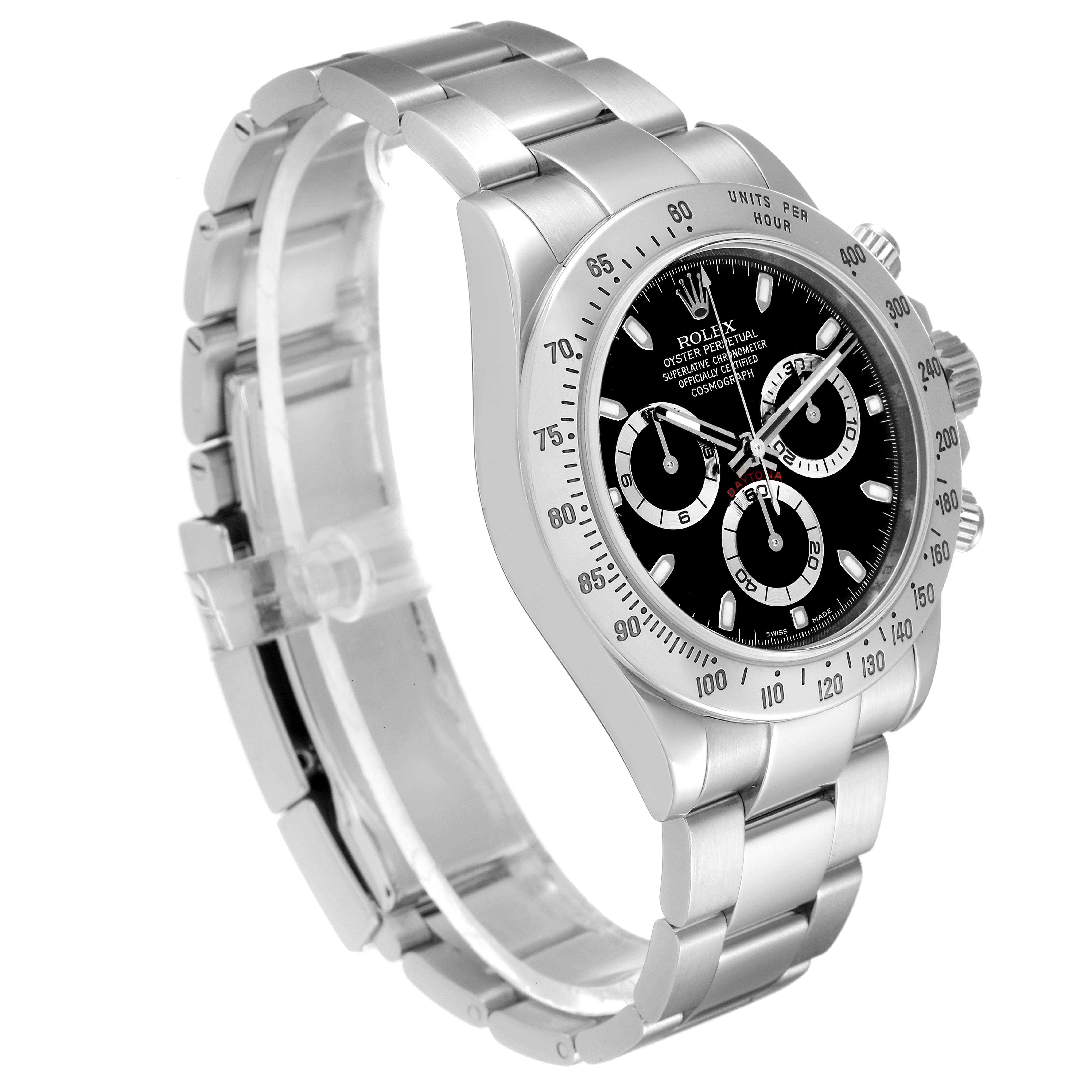 The image shows a side angle of a Rolex Daytona 116520 Men's Stainless Steel Black Dial 116520 Men's Stainless Steel Black Dial watch, highlighting its bezel, dial, bracelet, and chronograph buttons.