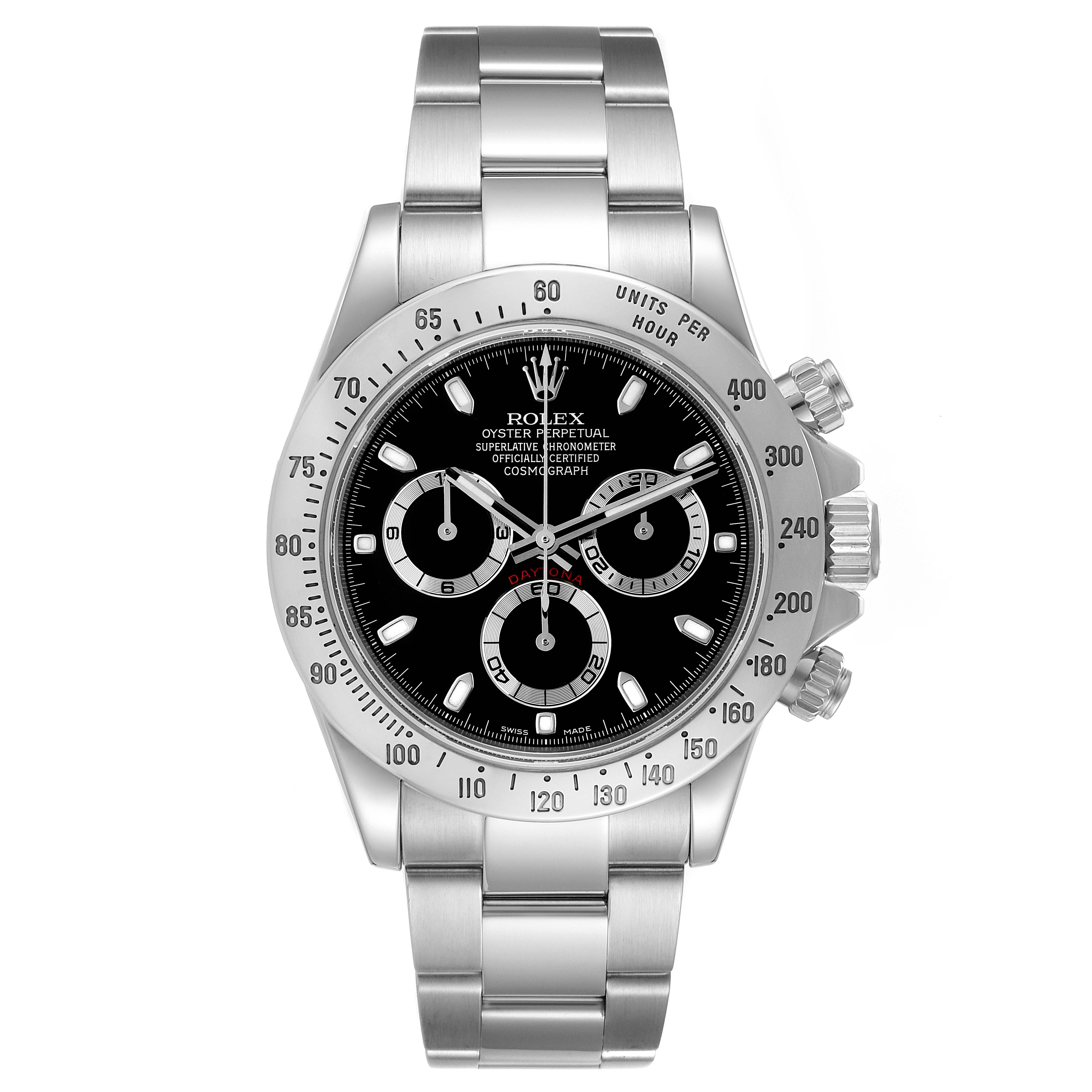 This image shows a front view of the Rolex Daytona 116520 Men's Stainless Steel Black Dial 116520 Men's Stainless Steel Black Dial watch, showcasing the dial, bezel, crown, and oyster bracelet.