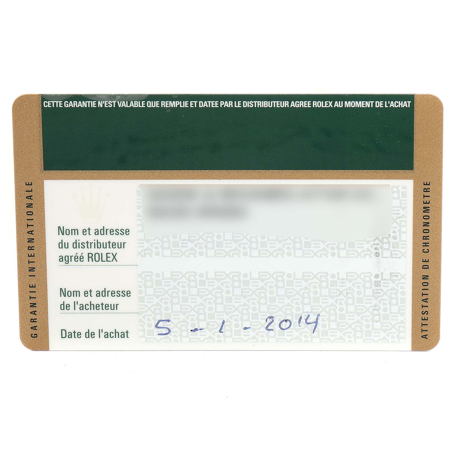 This image shows the warranty card of a Rolex Daytona 116520 Men's Stainless Steel Black Dial 116520 Men's Stainless Steel Black Dial watch, detailing purchase date and distributor information.