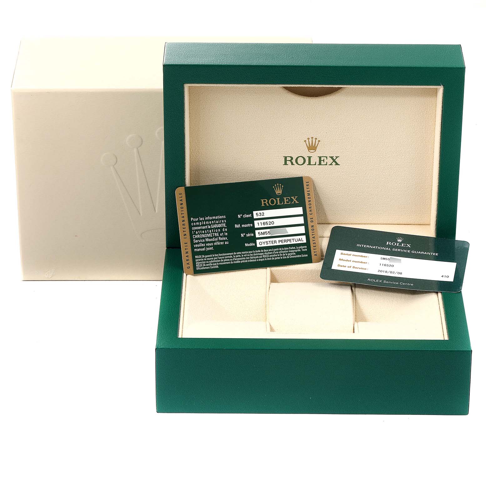 This image shows the packaging and guarantee cards for a Rolex Daytona 116520 Men's Stainless Steel Black Dial 116520 Men's Stainless Steel Black Dial, including the branded box and official documentation.