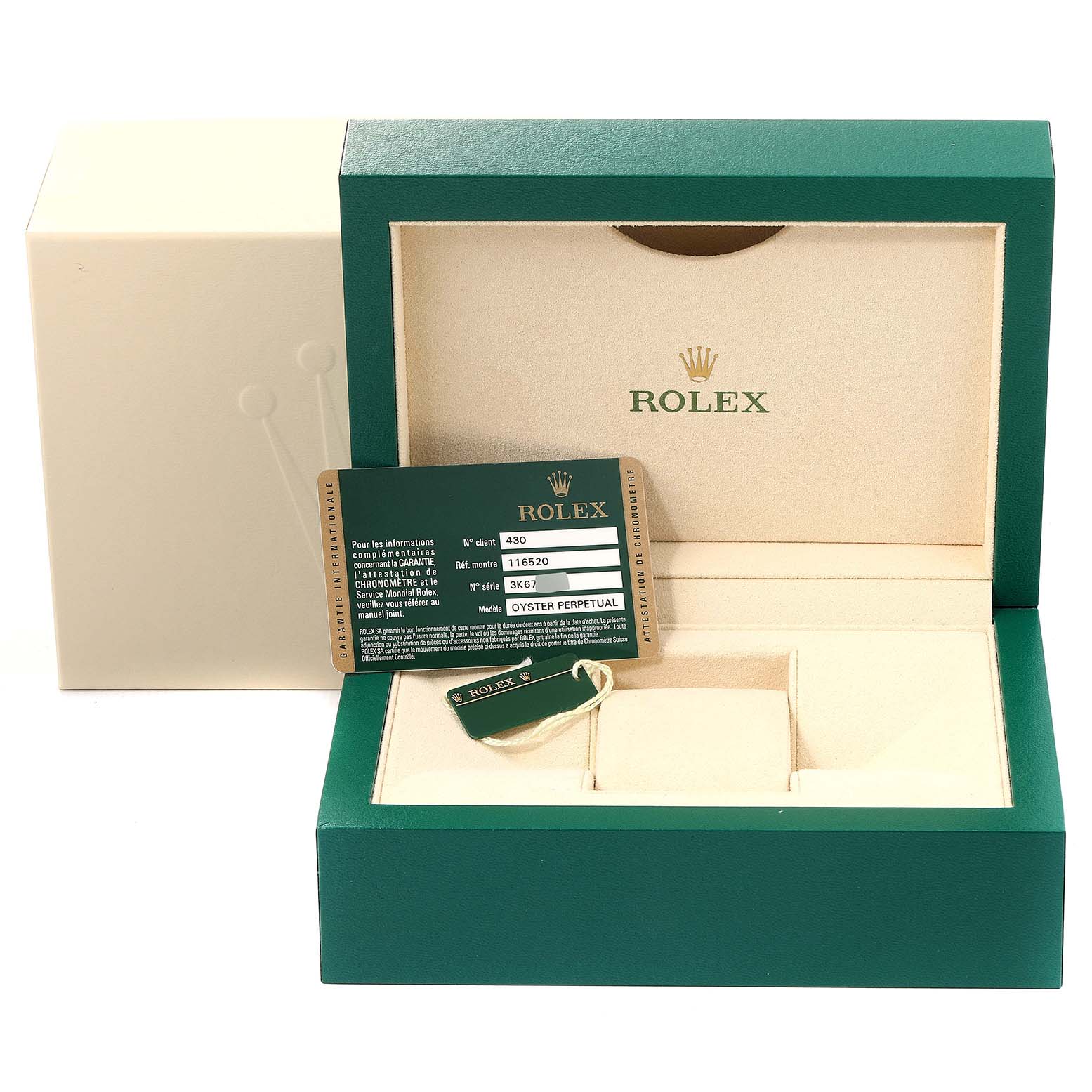 The image shows the open packaging for a Rolex Daytona 116520 Men
s Stainless Steel Black Dial 116520 Men
s Stainless Steel Black Dial, featuring the box, tag, and Best Quality
ation card.