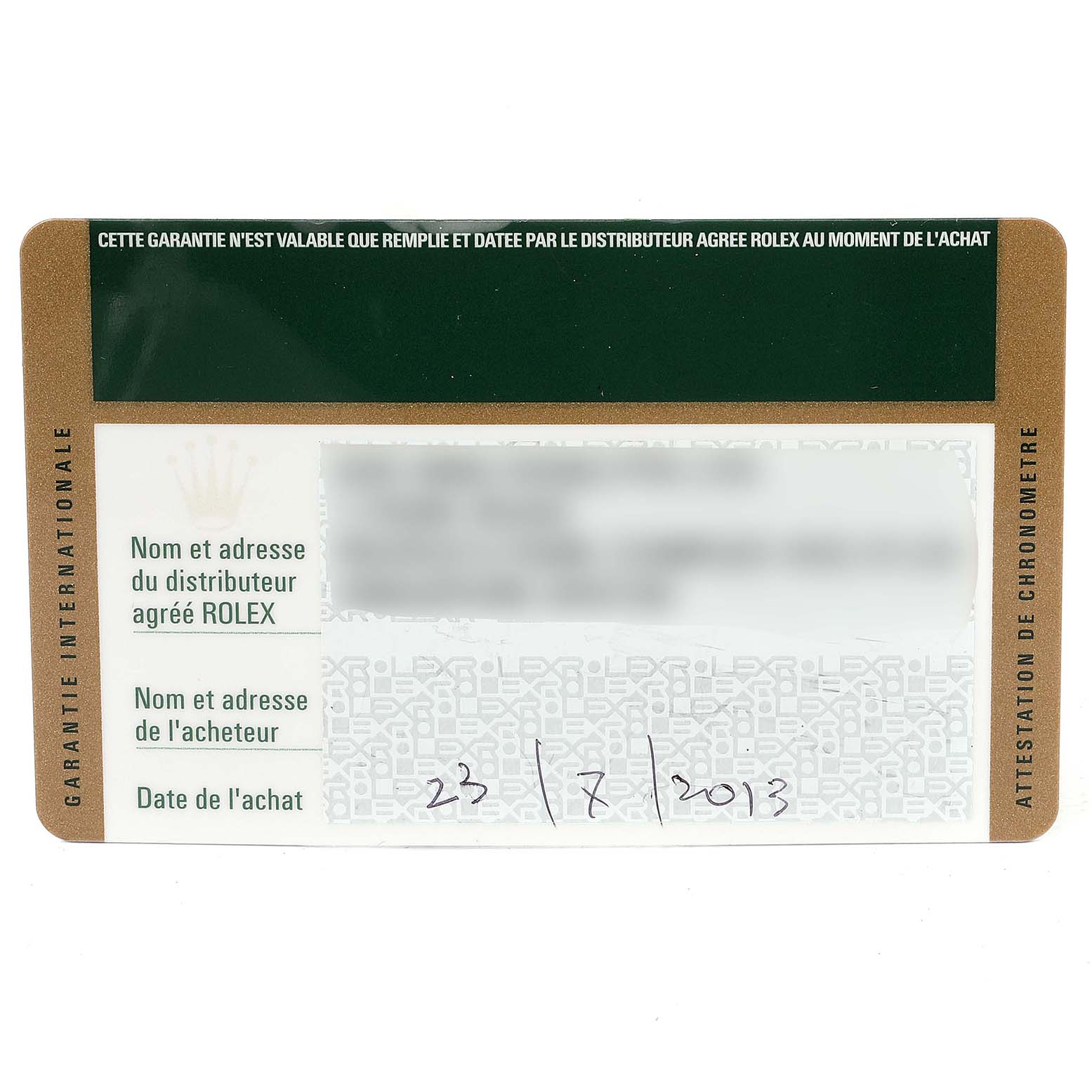 This image shows the international guarantee card for a Rolex Daytona 116520 Men
s Stainless Steel Black Dial 116520 Men
s Stainless Steel Black Dial watch, detailing purchase information.