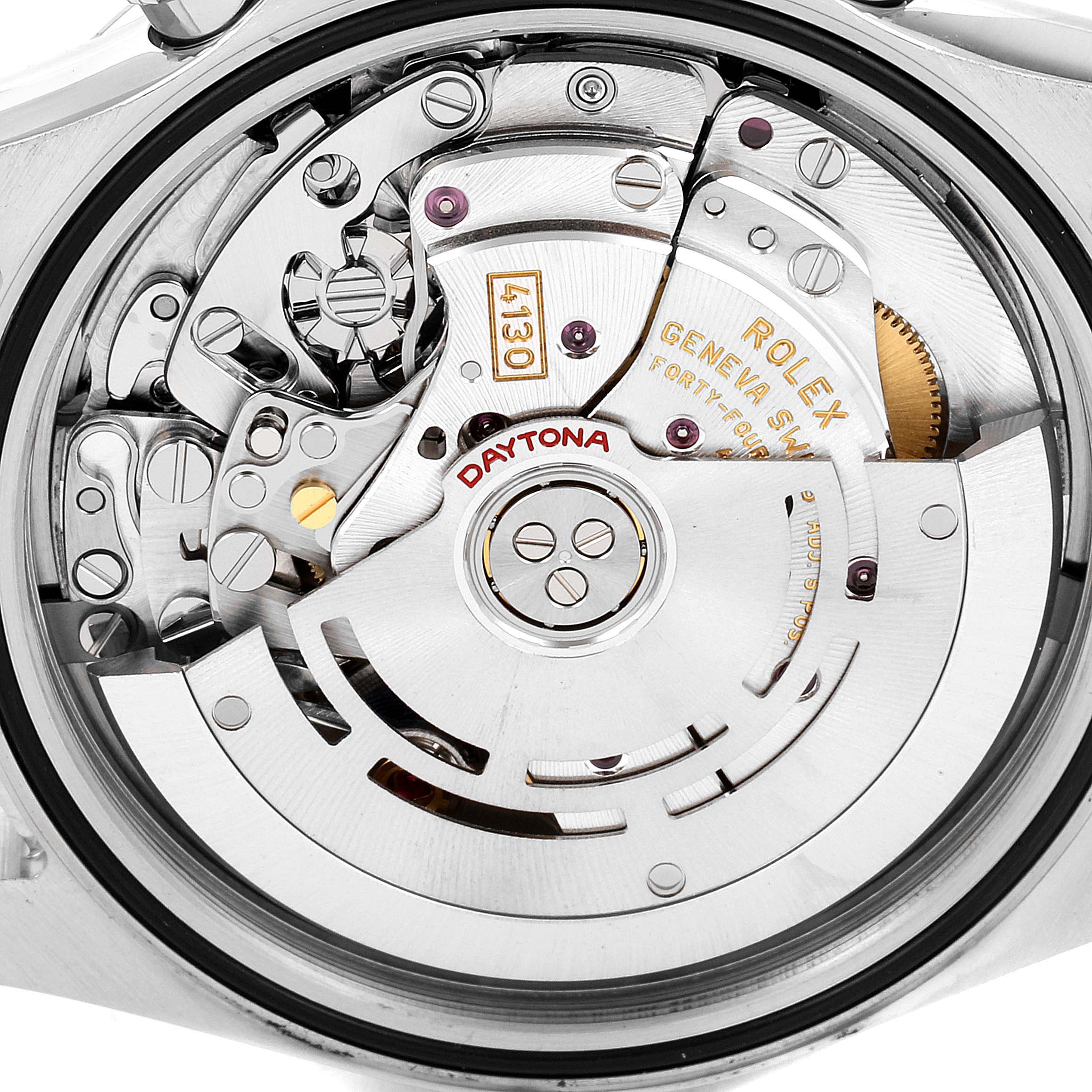 This image shows the movement of a Rolex Daytona 116520 Men
s Stainless Steel Black Dial 116520 Men
s Stainless Steel Black Dial watch from a top-down angle, highlighting internal components.