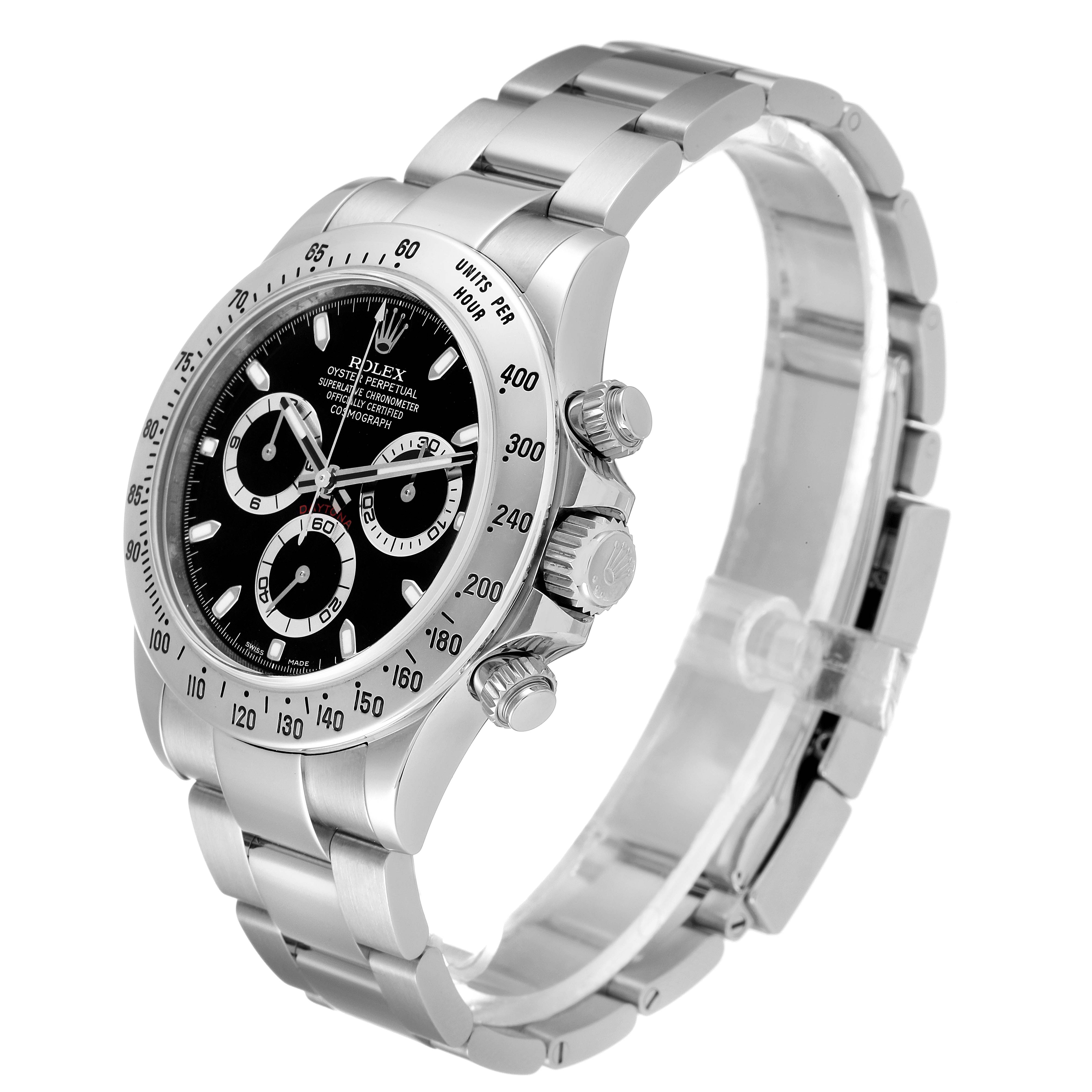 The image shows a side and angled view of the Rolex Daytona 116520 Men
s Stainless Steel Black Dial 116520 Men
s Stainless Steel Black Dial watch, highlighting the face, bezel, and bracelet.