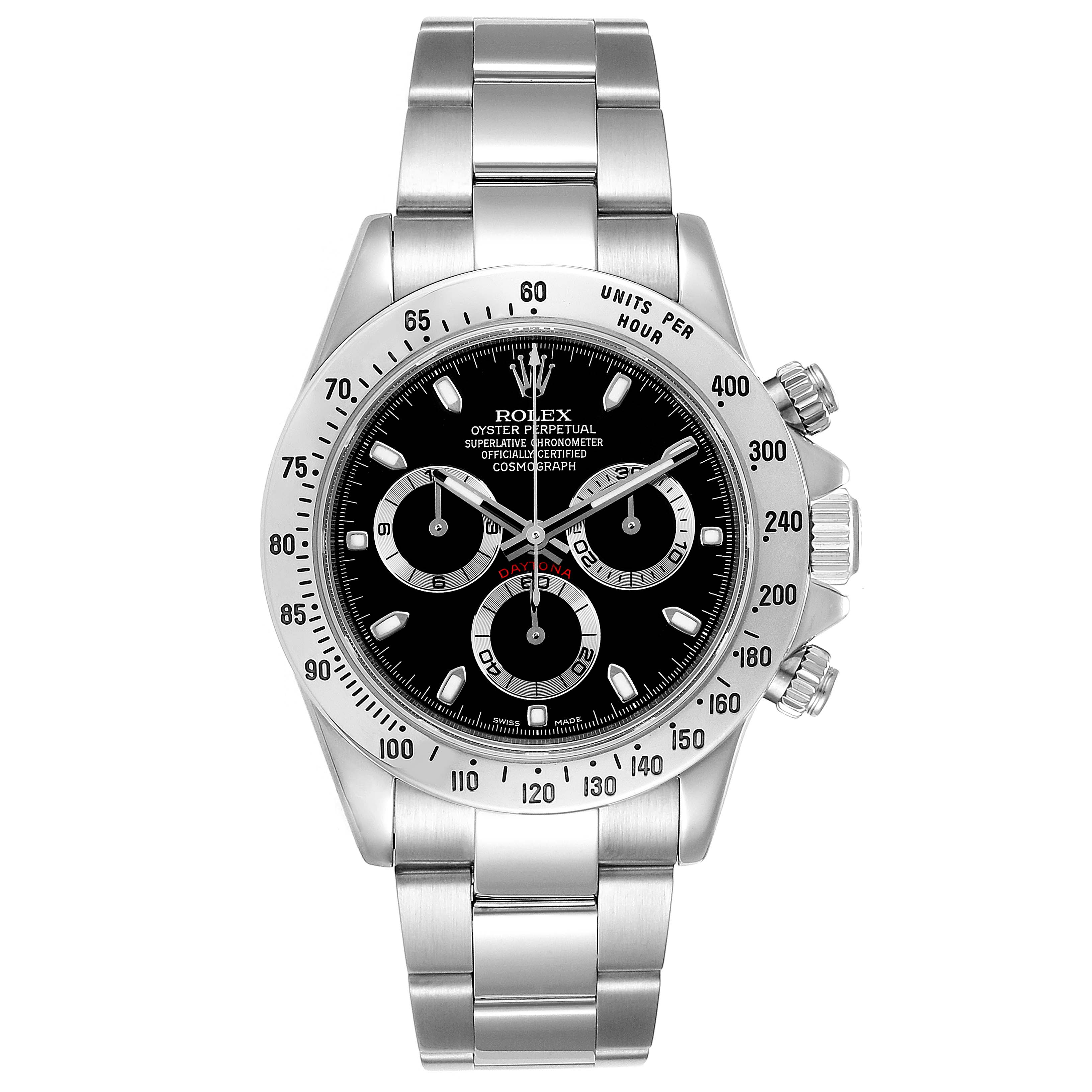 The image shows a front view of the Rolex Daytona 116520 Men
s Stainless Steel Black Dial 116520 Men
s Stainless Steel Black Dial watch, highlighting its bezel, black dial, and sub-dials.