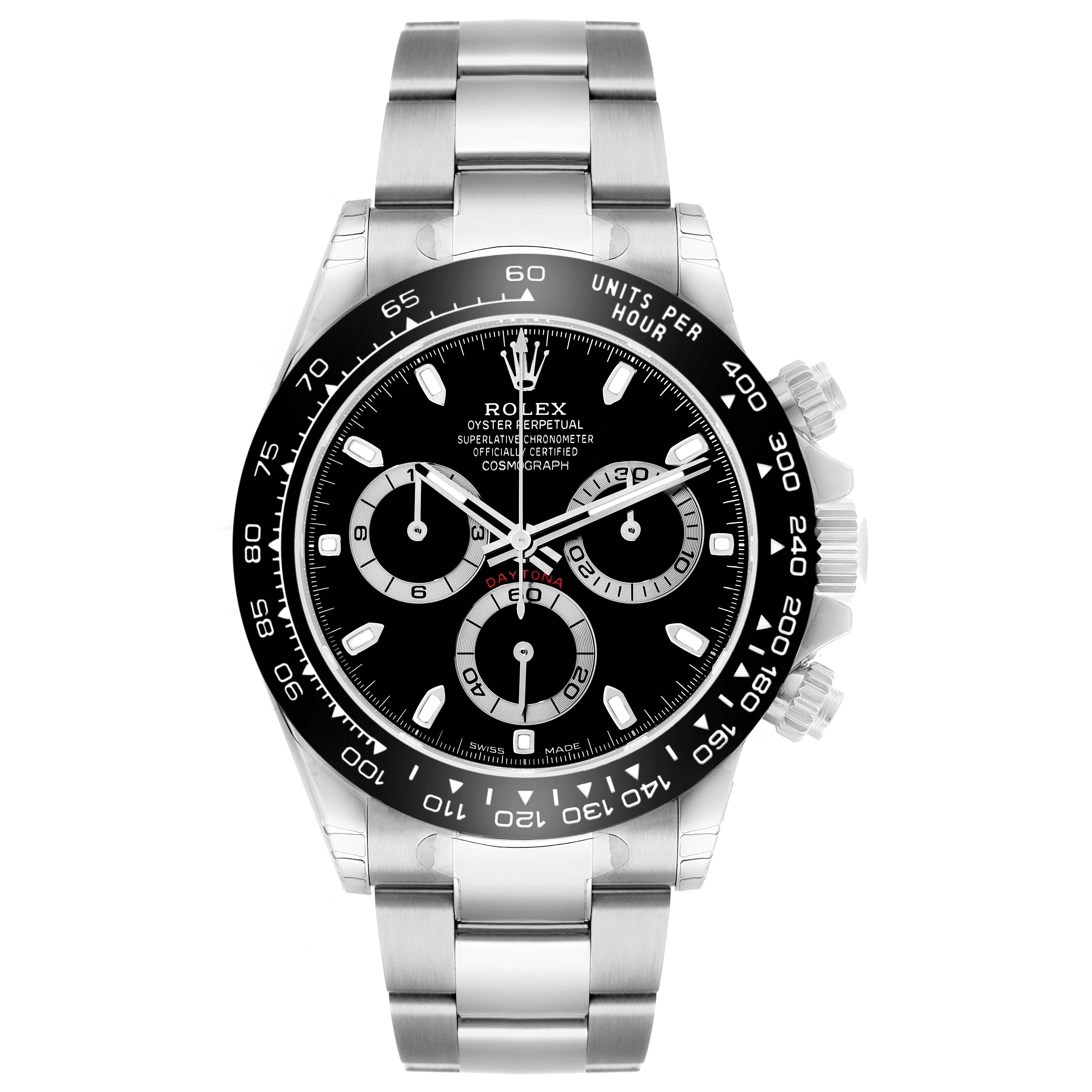 The Rolex Daytona 116500 Men
s Stainless Steel Black Dial watch is shown from the front, displaying its bezel, dial, subdials, and bracelet.