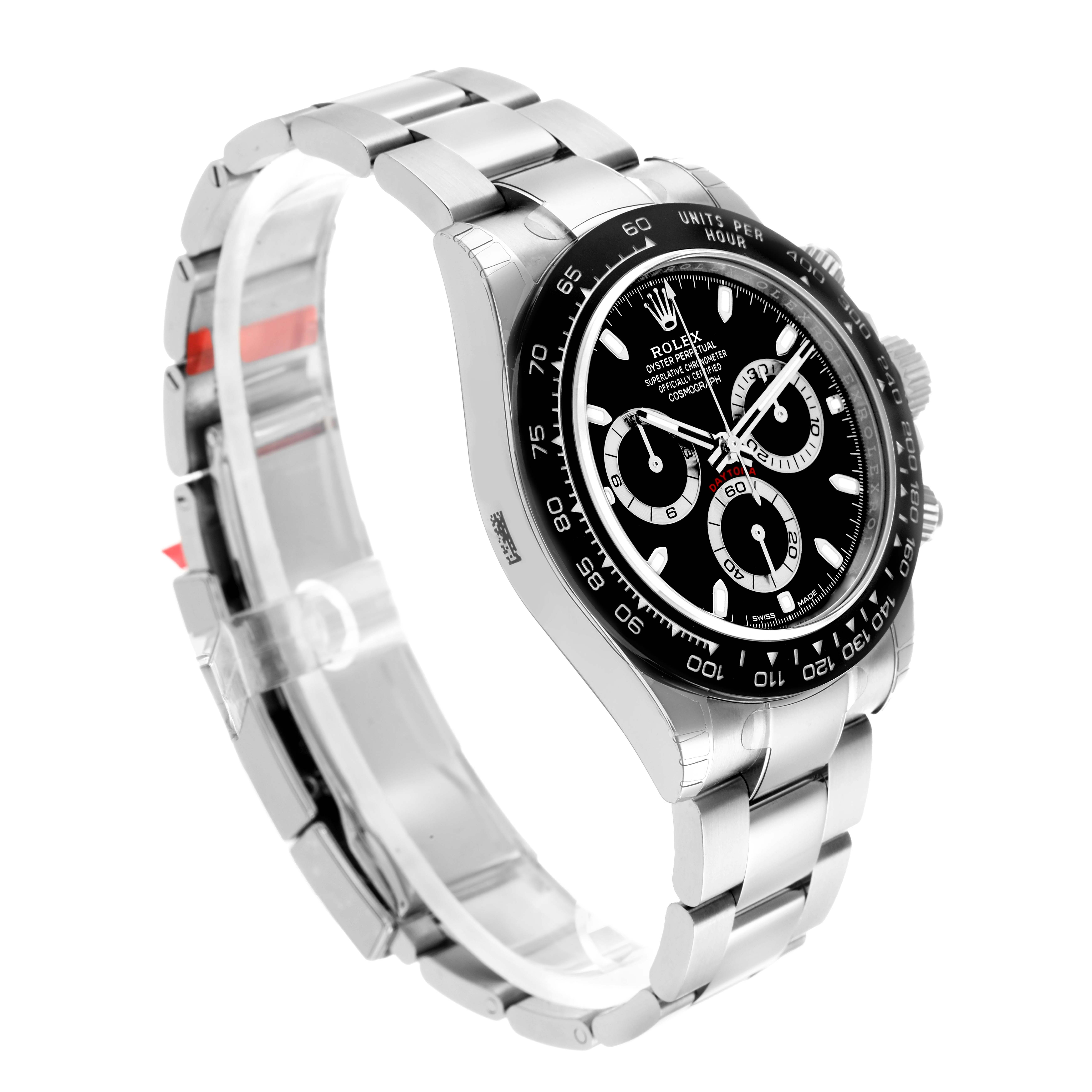 The Rolex Daytona 116500 Men
s Stainless Steel Black Dial watch is shown at a three-quarter angle, displaying the face, bezel, crown, and bracelet.