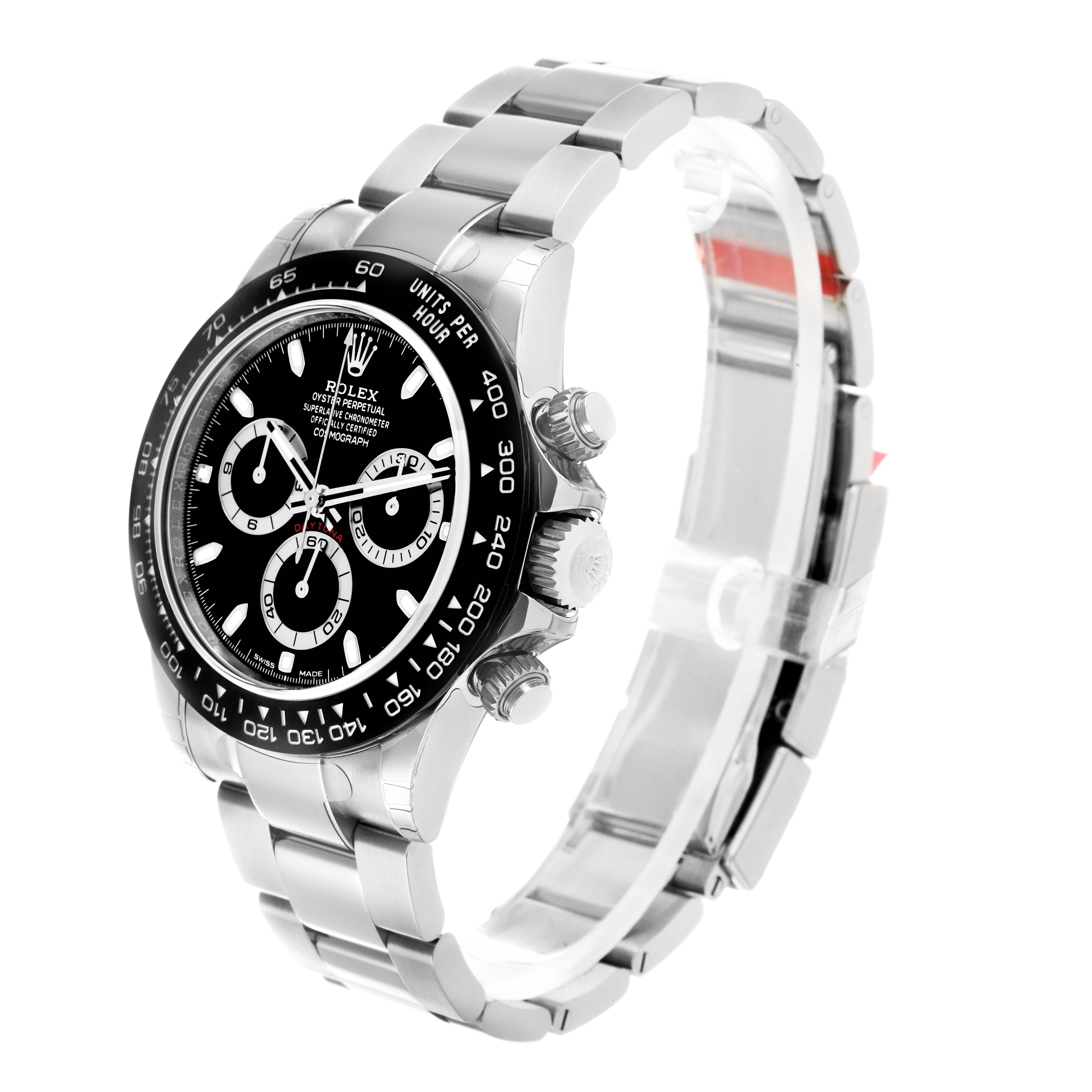 The Rolex Daytona 116500 Men
s Stainless Steel Black Dial watch is shown at a three-quarter angle, displaying the dial, bezel, crown, and bracelet.