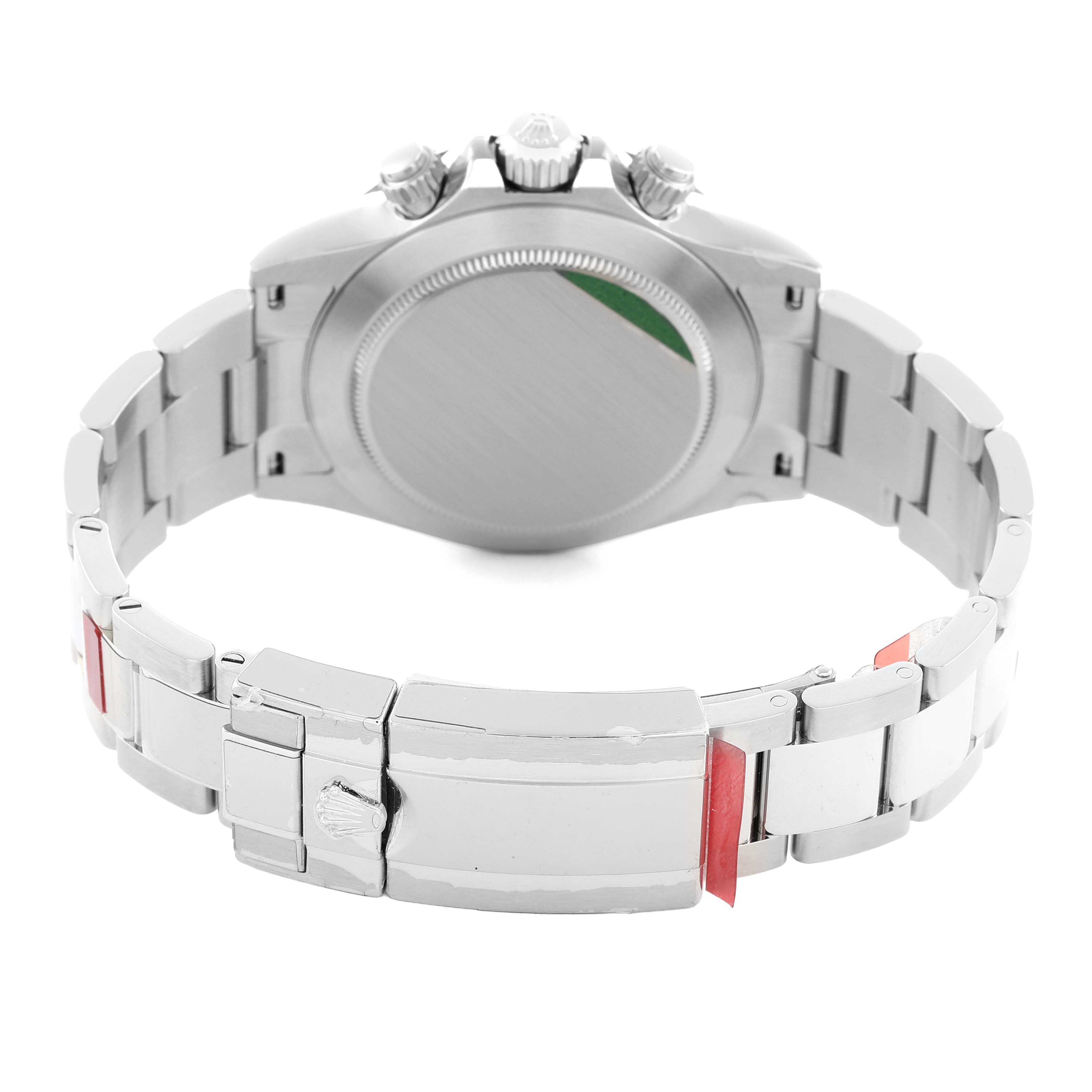 The image shows the back view of a Rolex Daytona 116500 Men
s Stainless Steel Black Dial, highlighting the clasp and bracelet links.