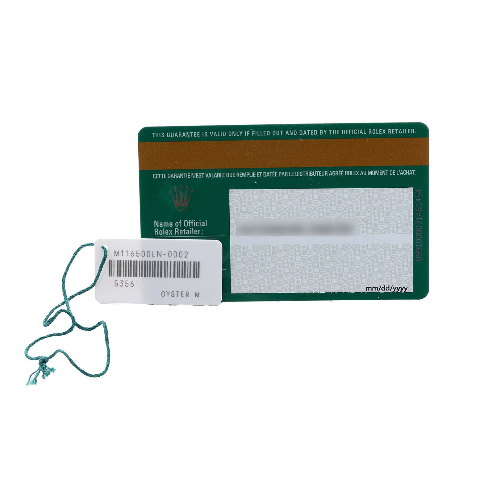 The image shows a warranty card and tag for a Rolex Daytona 116500 Men
s Stainless Steel Black Dial model, including the model number tag.