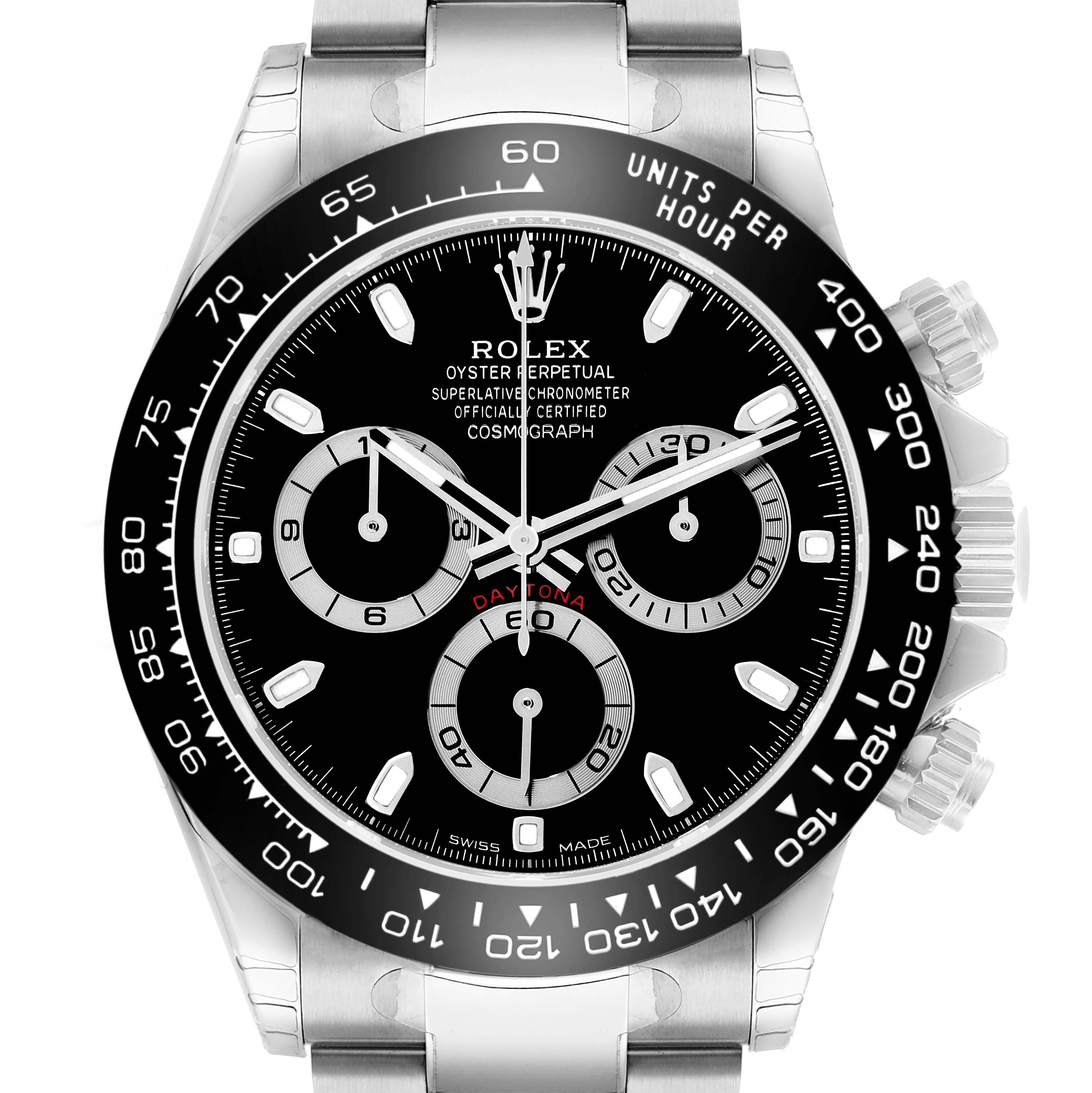 The Rolex Daytona 116500 Men
s Stainless Steel Black Dial watch is shown from a front angle, highlighting the dial, bezel, and pushers.