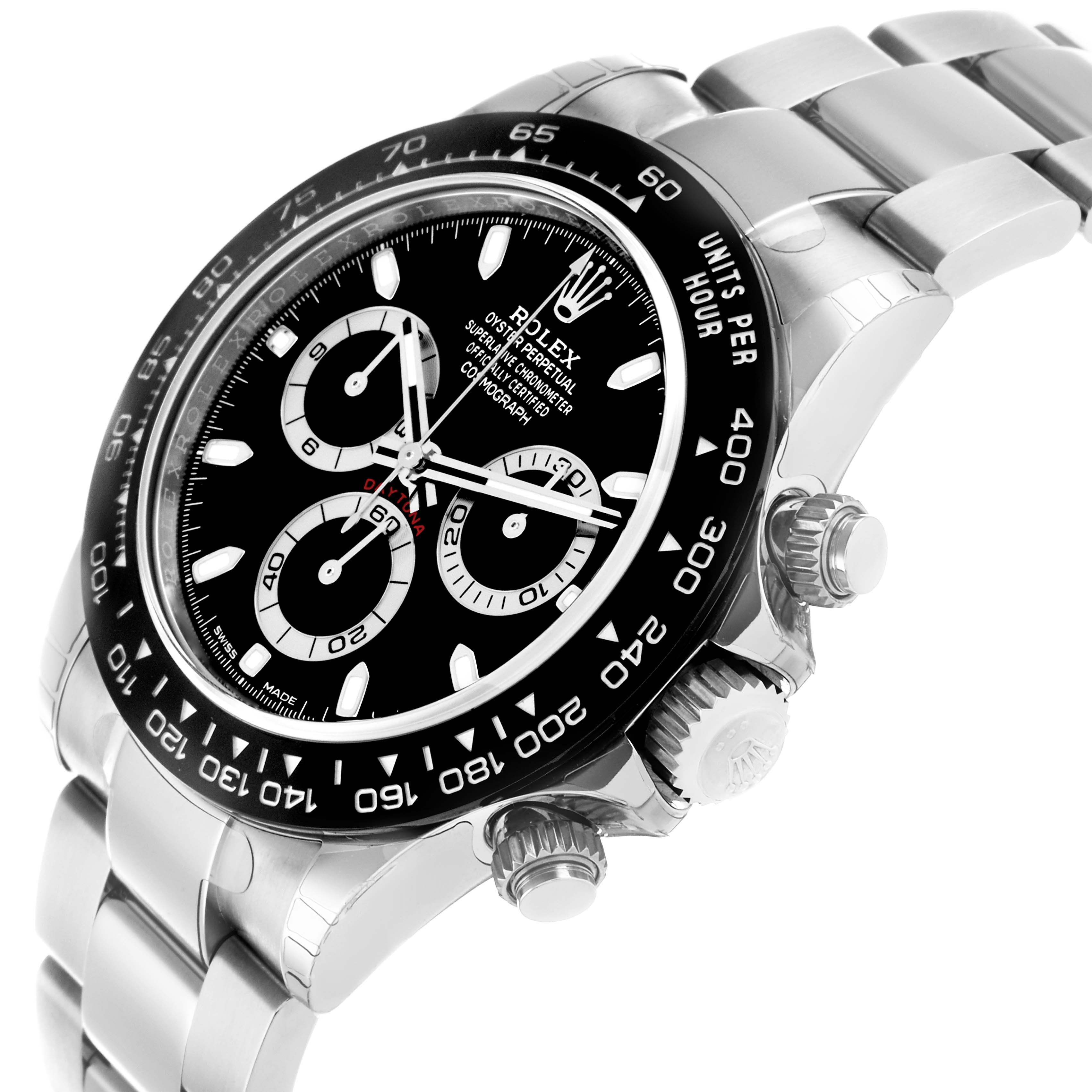 The Rolex Daytona 116500 Men
s Stainless Steel Black Dial watch is shown at an angle emphasizing the bezel, dial, pushers, and part of the bracelet.