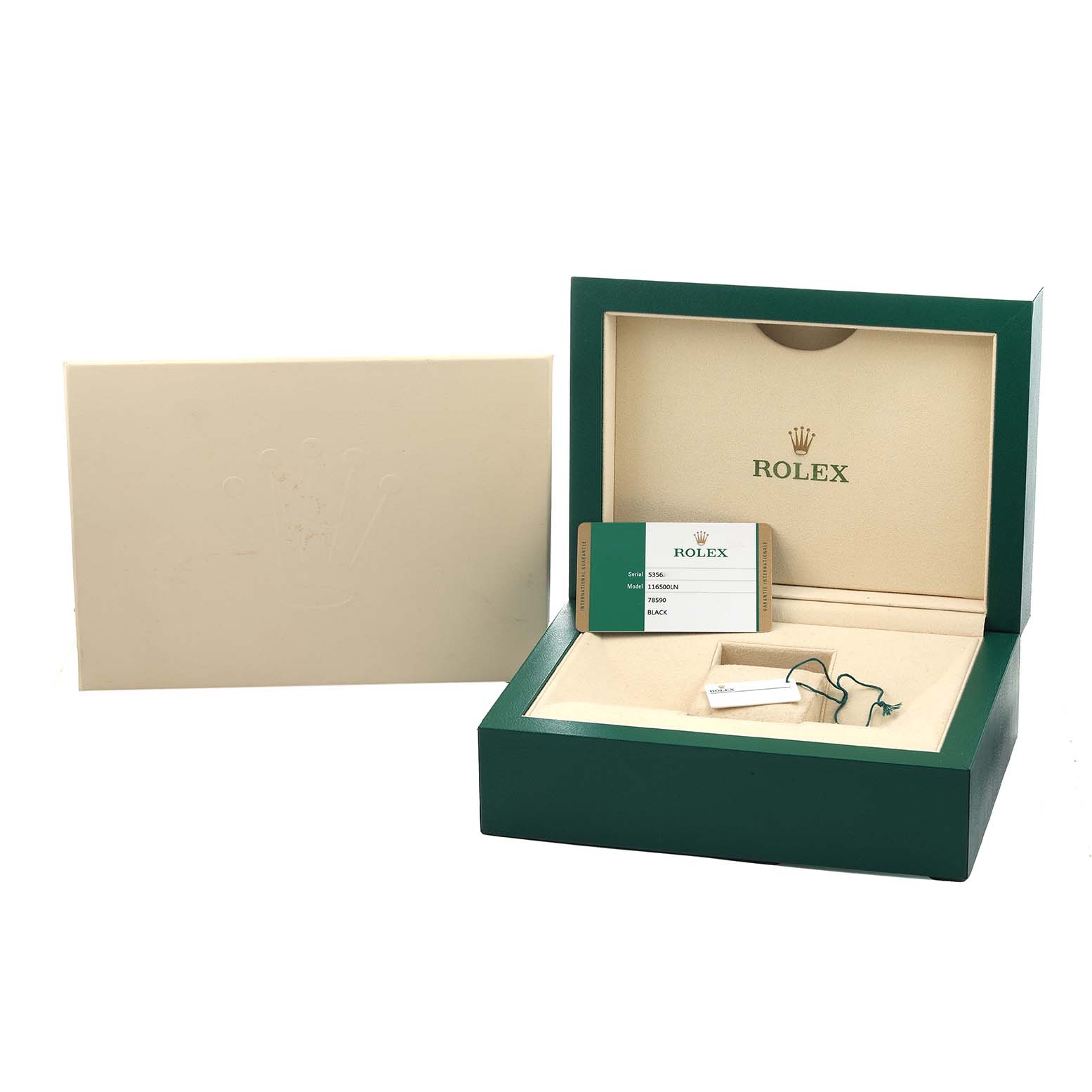 The image shows a Rolex Daytona 116500 Men
s Stainless Steel Black Dial watch box with accessories, including a card and tag, viewed from the front and slightly above.