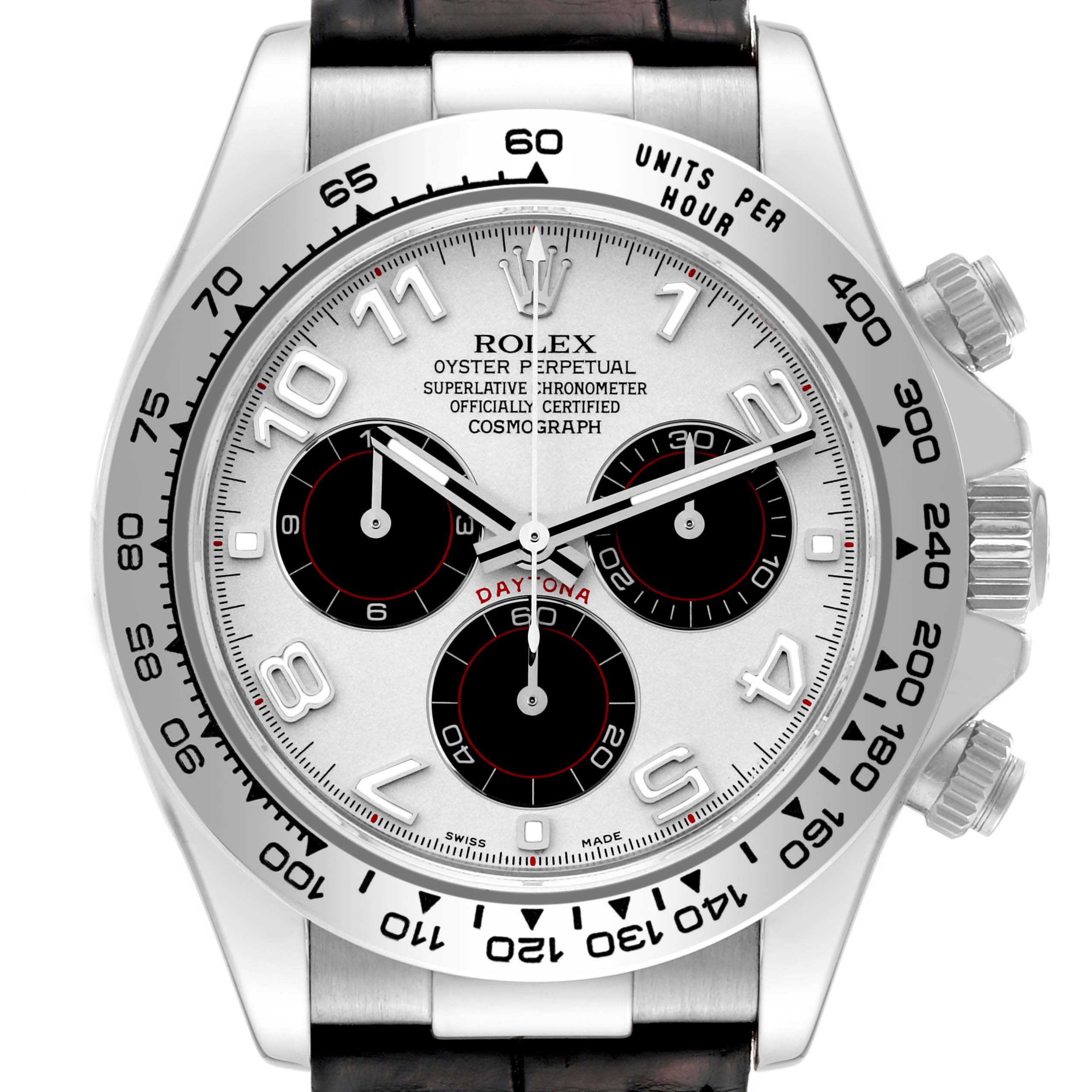 The image shows a frontal view of a Rolex Daytona 116519 Men's White Gold Silver Dial 116519 Men's White Gold Silver Dial watch, highlighting the dial, chronograph subdials, and bezel with tachymeter markings.