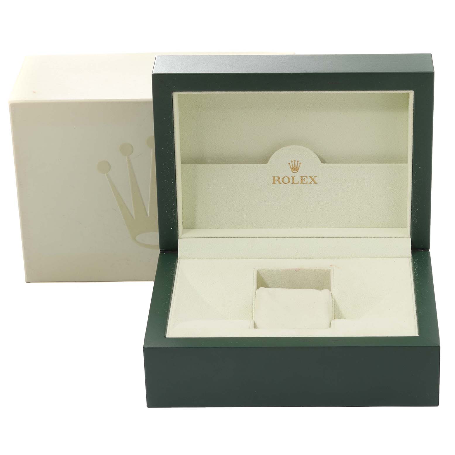 The image shows an empty Rolex Daytona 116519 Men's White Gold Silver Dial 116519 Men's White Gold Silver Dial watch box with an open lid, revealing its beige interior and cushion.