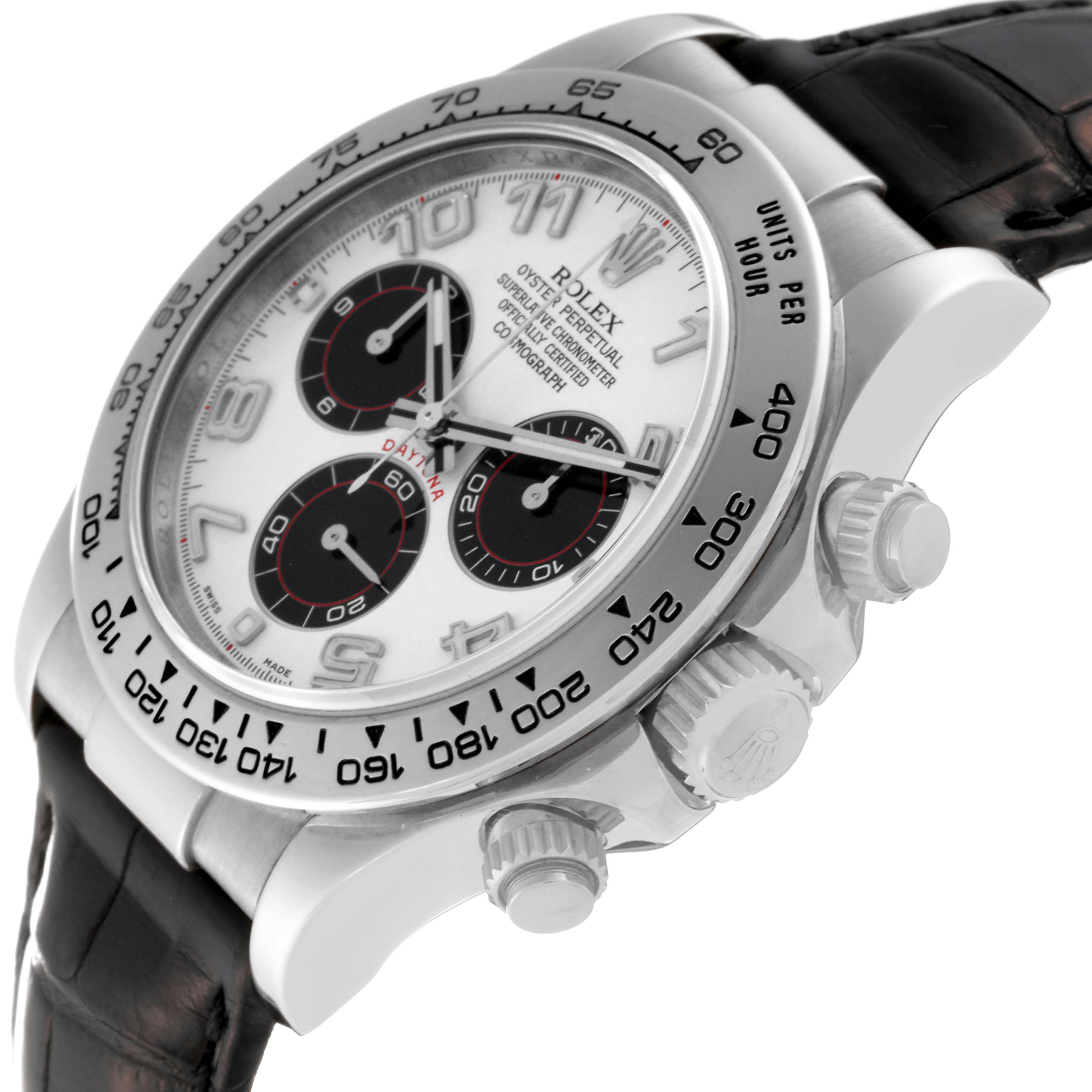 This image shows the Rolex Daytona 116519 Men's White Gold Silver Dial 116519 Men's White Gold Silver Dial watch at a slight angle, highlighting the side buttons, crown, and bezel.