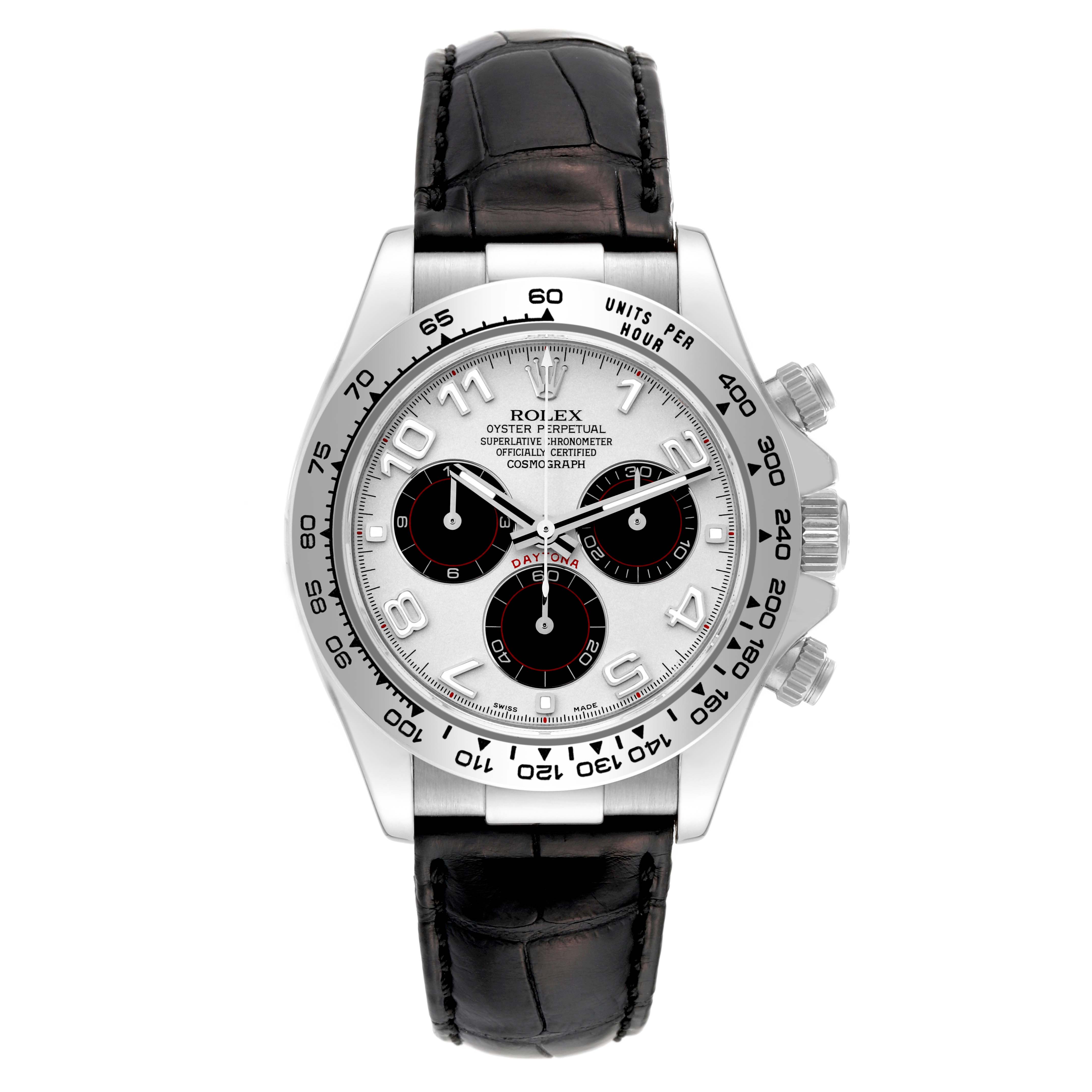 The image shows a front view of a Rolex Daytona 116519 Men's White Gold Silver Dial 116519 Men's White Gold Silver Dial watch, featuring its dial, bezel, three sub-dials, and black leather strap.
