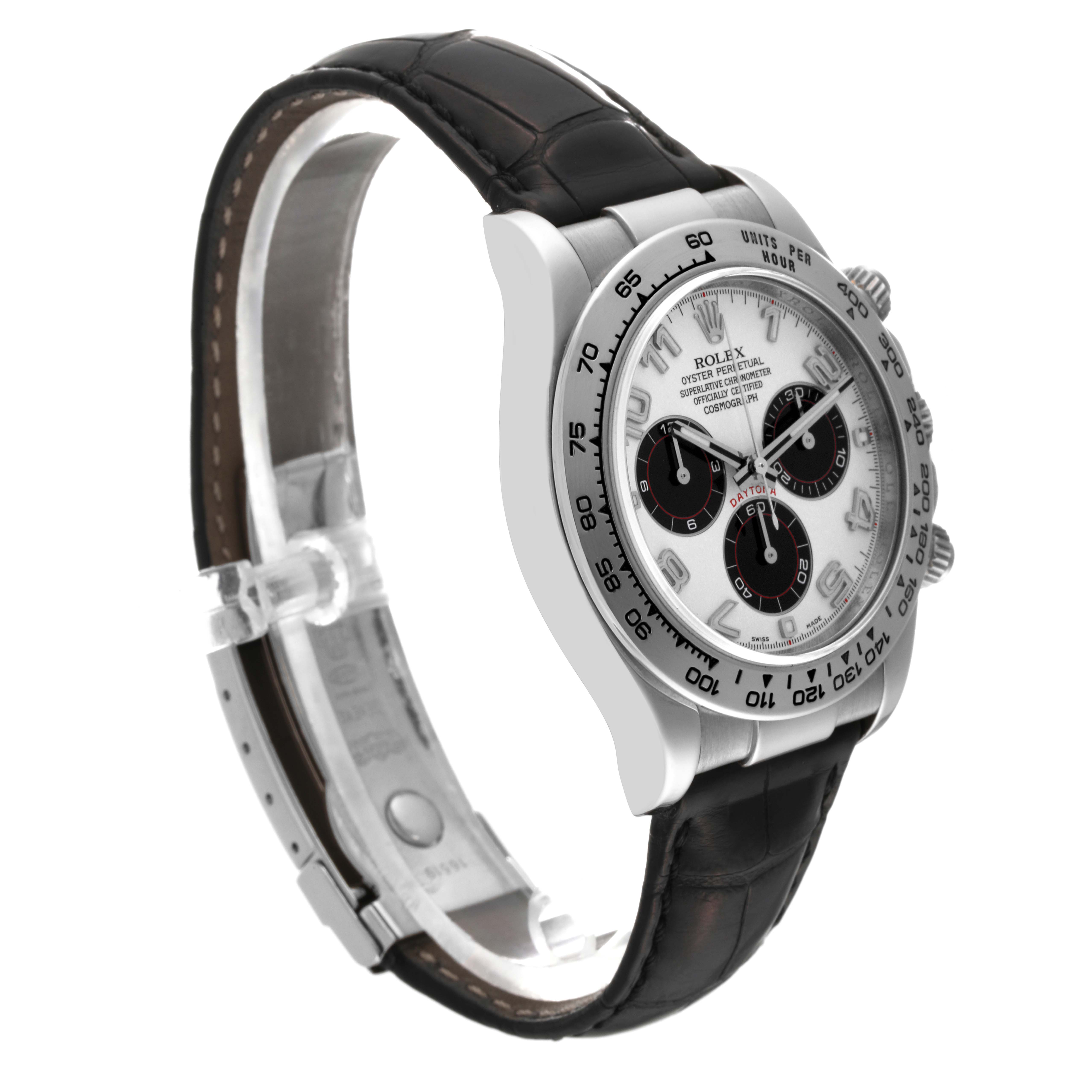 This image shows a side angle of a Rolex Daytona 116519 Men's White Gold Silver Dial 116519 Men's White Gold Silver Dial watch with a white dial, black sub-dials, and a black leather strap.