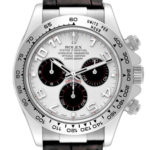 The image shows a frontal view of the Rolex Daytona watch, highlighting the dial, subdials, bezel, and crown.