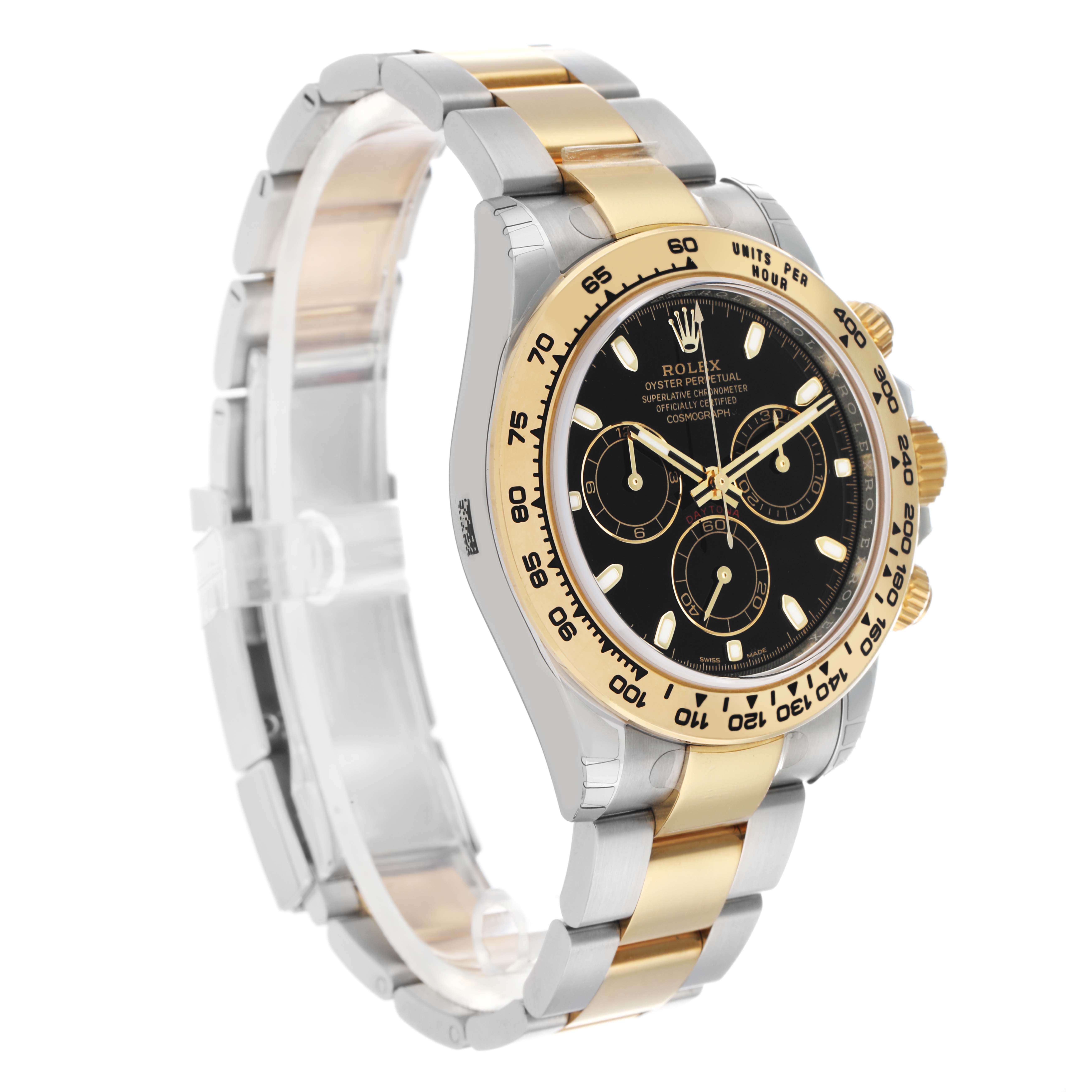 The image shows a Rolex Daytona 116503 Men
s Steel and Gold (two tone) Black Dial watch at a three-quarter angle, highlighting the bezel, crown, face, and bracelet.