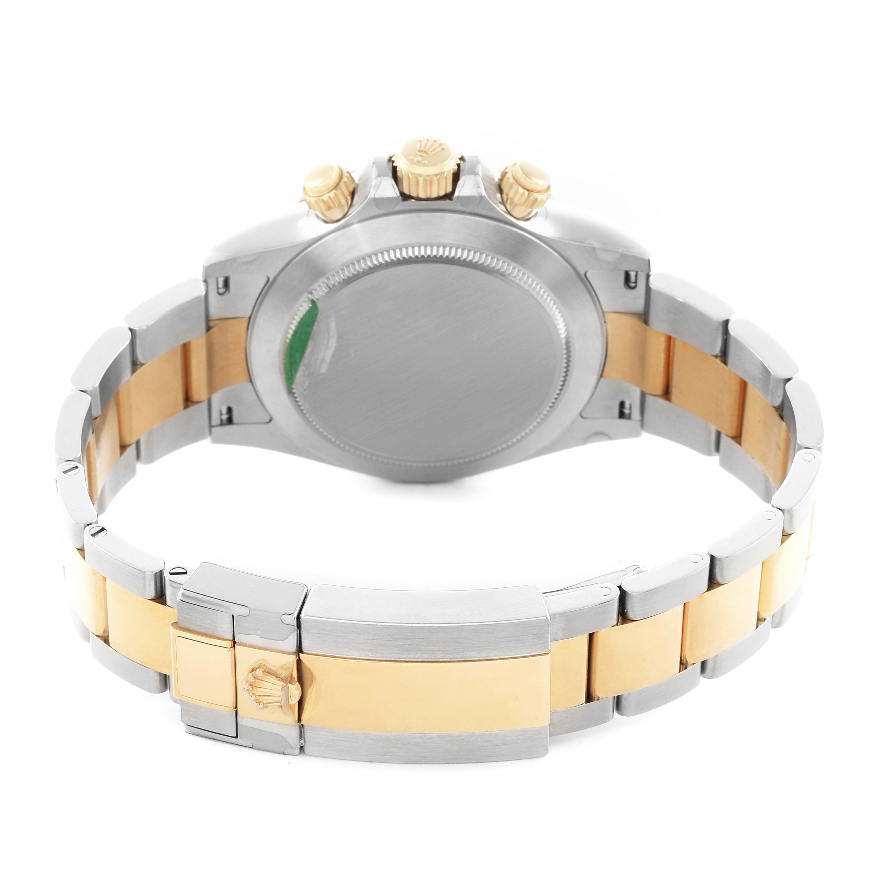 The image shows the back view of a Rolex Daytona 116503 Men
s Steel and Gold (two tone) Black Dial watch, highlighting the clasp, bracelet, and case back.