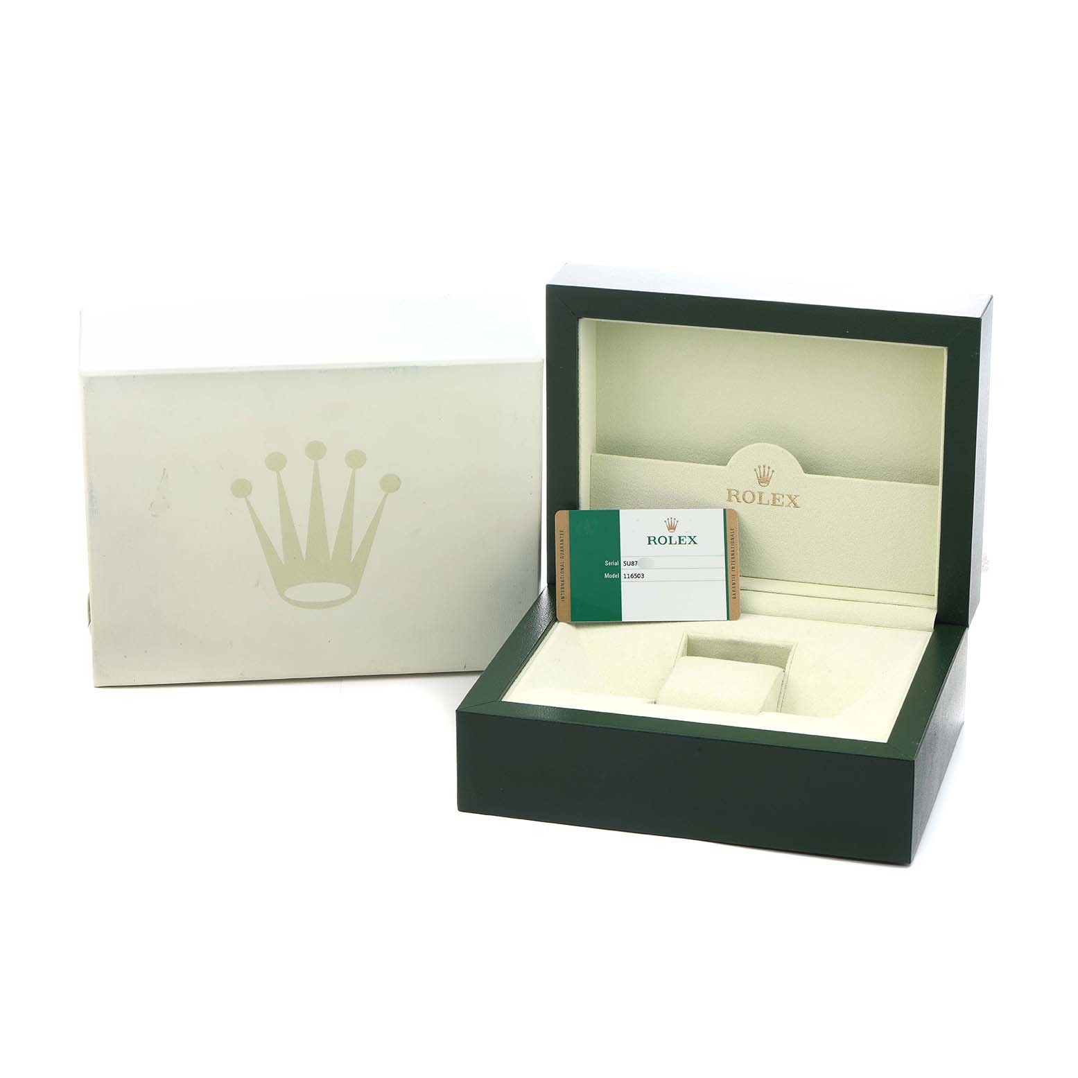 The image shows Rolex Daytona 116503 Men
s Steel and Gold (two tone) Black Dial accessories, including an open watch box with a card, viewed from the front angle.